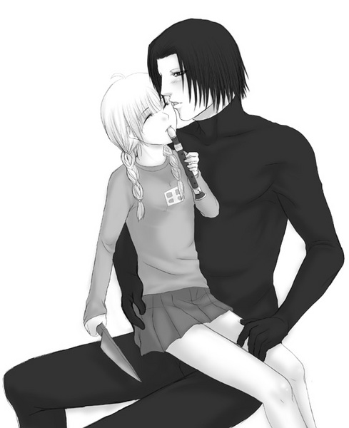 madotsuki, yume nikki, braid, flute, greyscale, instrument, knife, monochrome, recorder, sitting, sitting on lap, sitting on person