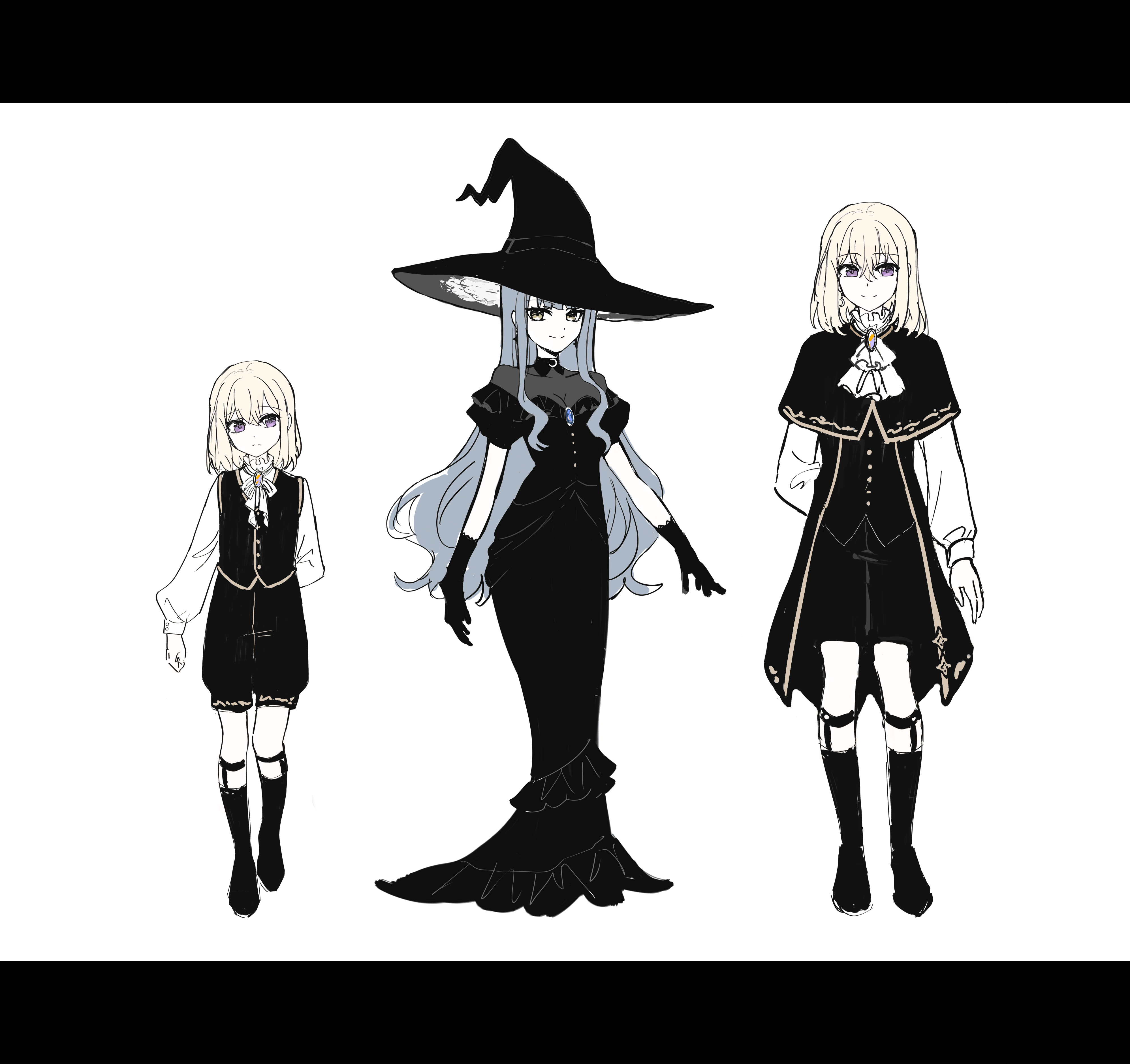 usamin (megumikira), misumi uika, togawa sakiko, bang dream!, bang dream! it's mygo!!!!!, absurdres, chinese commentary, commentary request, highres, 2girls, age progression, ascot, black capelet, black dress, black gloves, black hat, black socks, blonde hair, blue hair, brooch, capelet, dress, gloves, hair between eyes, hat, jewelry, kneehighs, long hair, long sleeves, medium hair, multiple girls, purple eyes, shirt, sidelocks, simple background, socks, white ascot, white background, white shirt, witch hat, yellow eyes