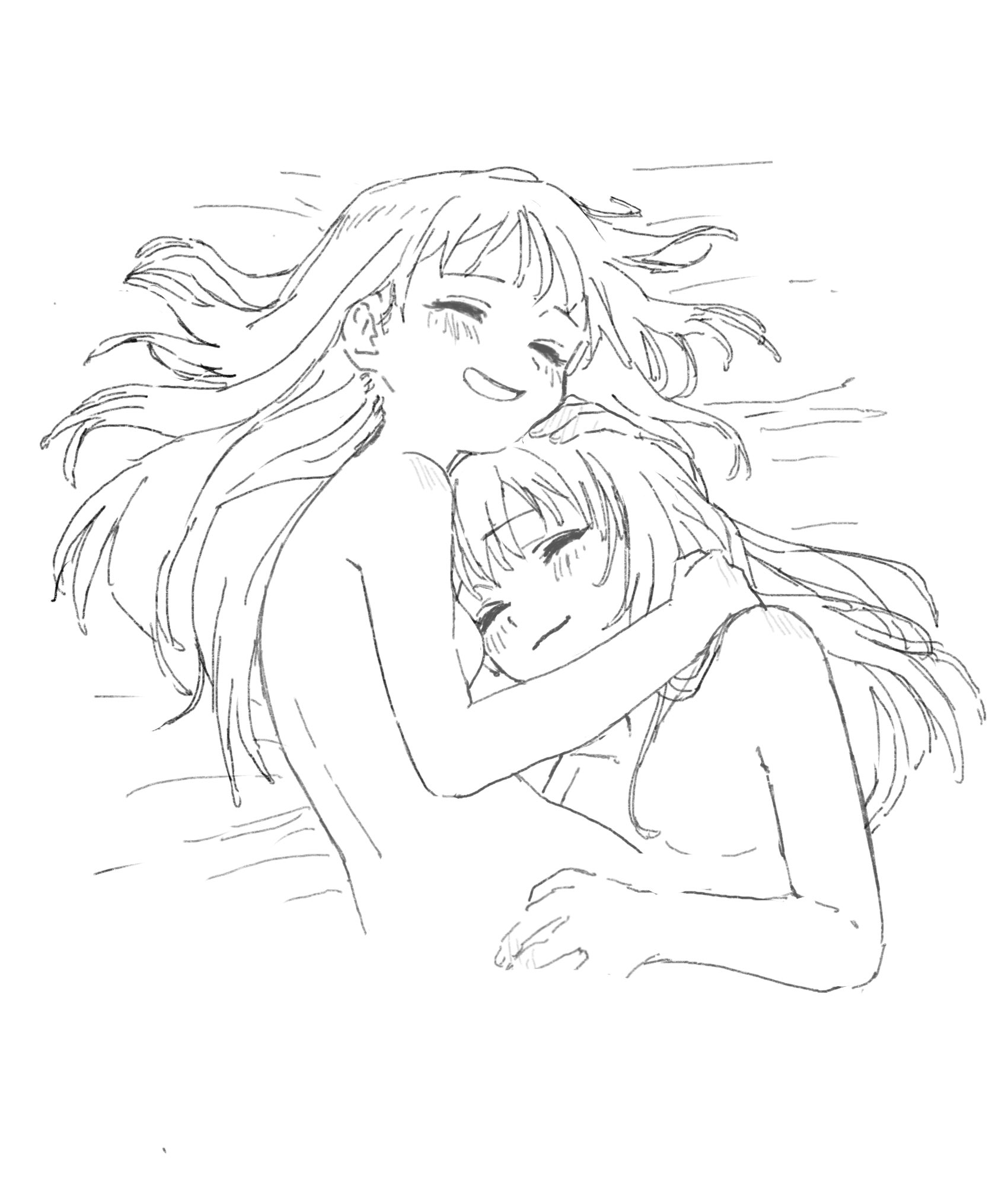 yano (edbr1022), akebi komichi, kizaki erika, akebi-chan no serafuku, highres, 2girls, blush, closed eyes, closed mouth, hair spread out, hug, long hair, lying, multiple girls, nude, open mouth, upper body, white background, yuri