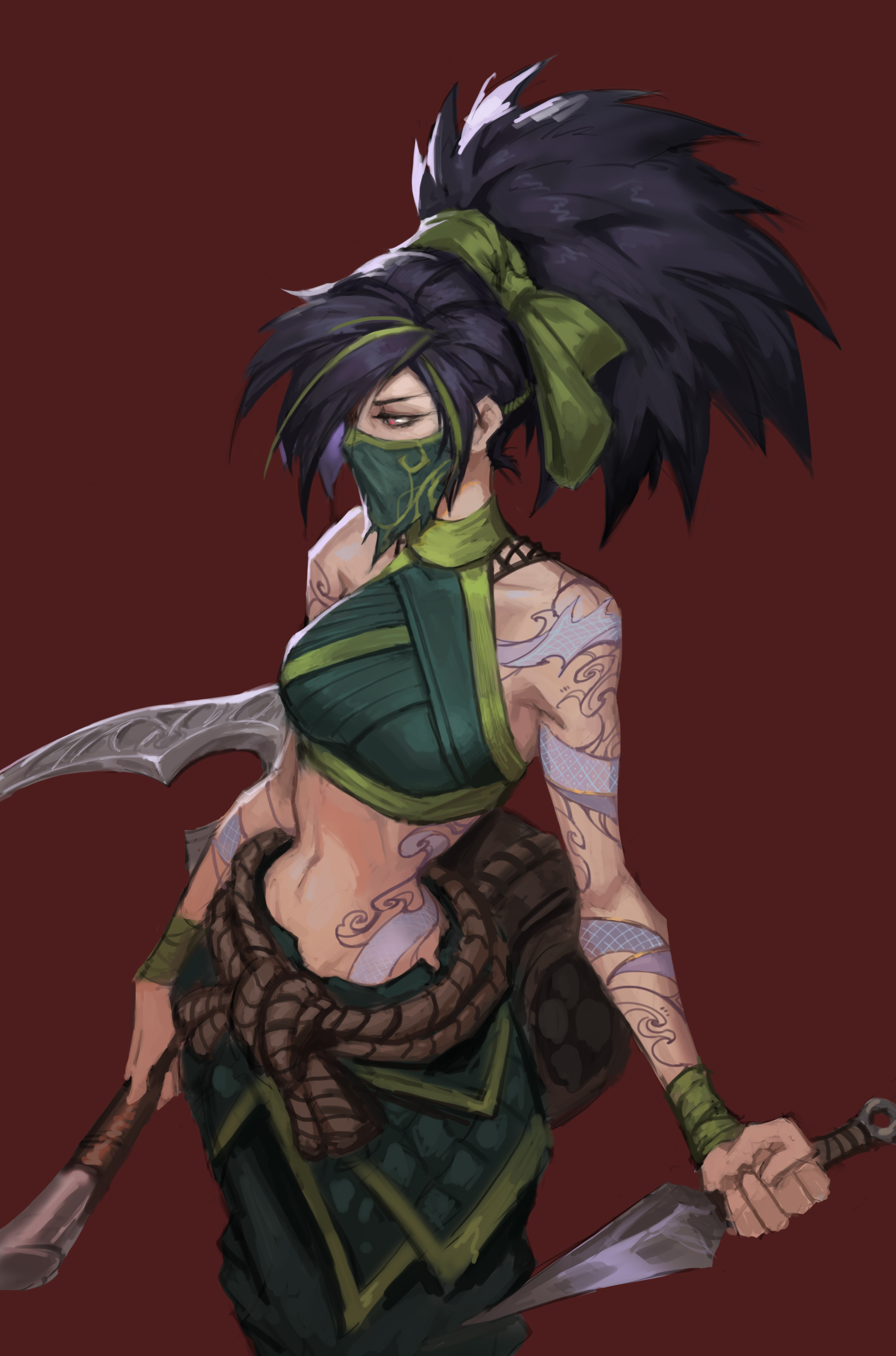 brush l, akali, league of legends, absurdres, highres, 1girl, arm tattoo, black hair, breasts, eyeliner, eyeshadow, green hair, green mask, green pants, halterneck, holding, holding kunai, holding scythe, holding weapon, kunai, long hair, looking to the side, makeup, mask, medium breasts, multicolored hair, navel, pants, ponytail, red background, red eyes, rope belt, scythe, simple background, solo, streaked hair, tattoo, weapon