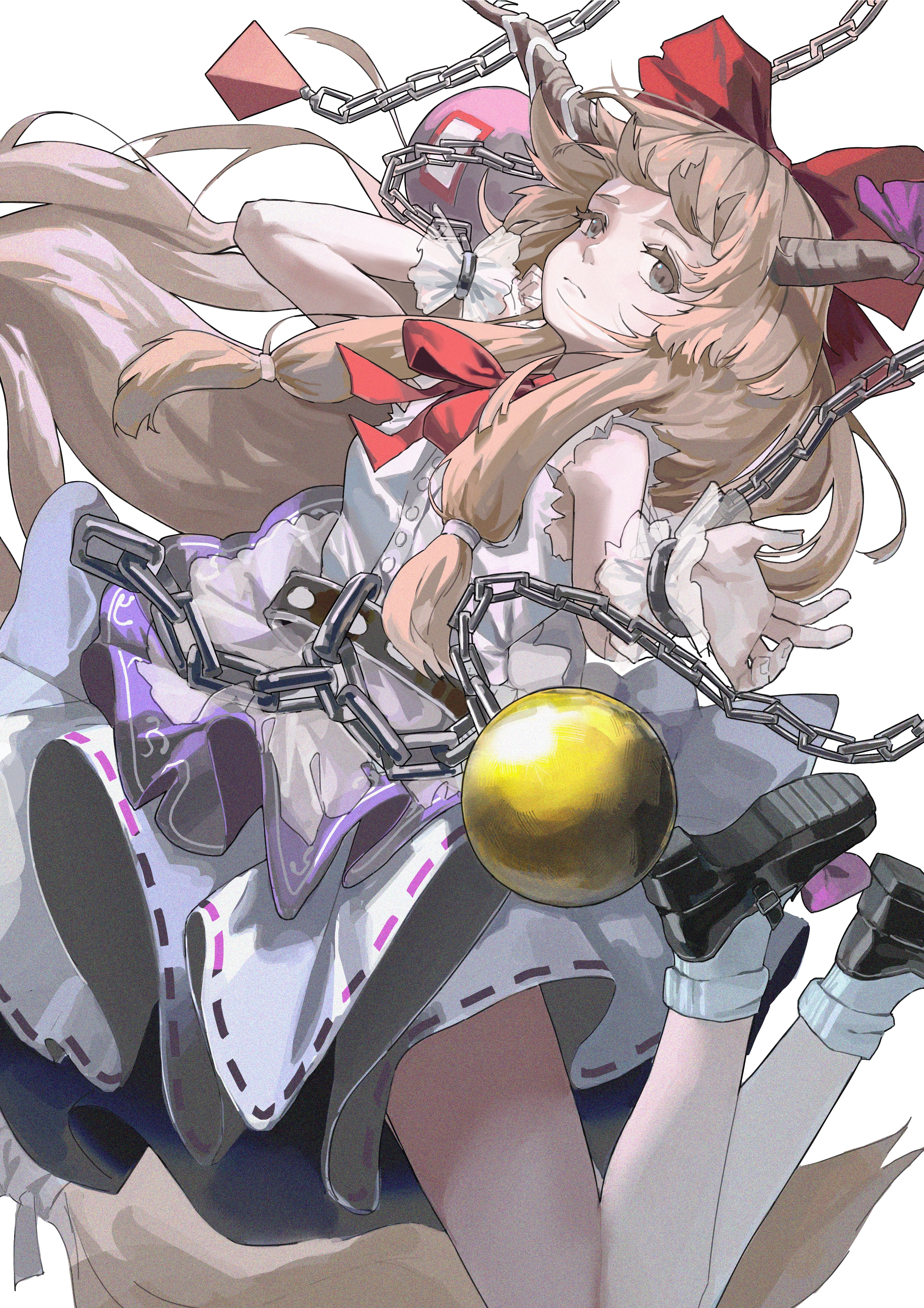 bruce 1354, ibuki suika, touhou, absurdres, highres, 1girl, bow, chain, cuffs, horns, long hair, orange hair, purple skirt, red bow, red eyes, shackles, shoes, sitting, skirt, smile, solo