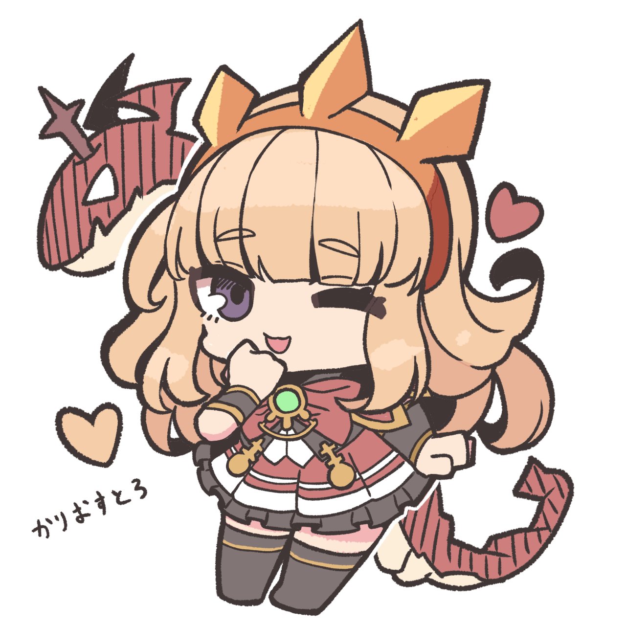 kawamochi (kawauti919), cagliostro (granblue fantasy), granblue fantasy, commentary request, highres, translation request, 1girl, ;d, animal, black thighhighs, bow, brown hair, chibi, dragon, full body, hand to own mouth, hand up, heart, looking at viewer, no shoes, one eye closed, open mouth, pleated skirt, red bow, red skirt, simple background, skirt, smile, solo, standing, thick eyebrows, thighhighs, white background