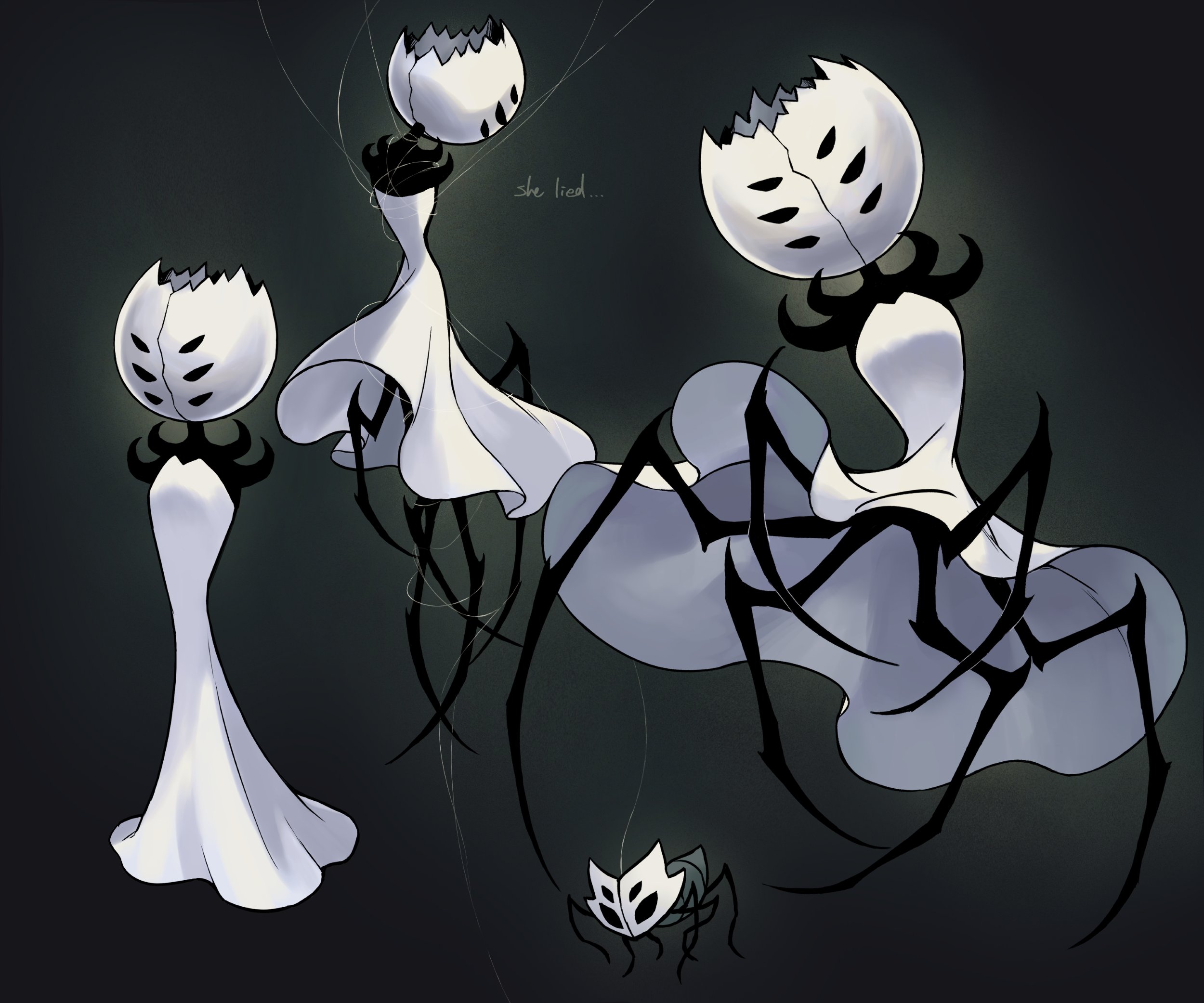 seshil1, first sinner (hollow knight), hollow knight, hollow knight: silksong, highres, 1girl, arthropod girl, arthropod limbs, black eyes, black skin, colored skin, dress, english text, extra eyes, grey background, hollow eyes, multiple views, standing, string, white dress