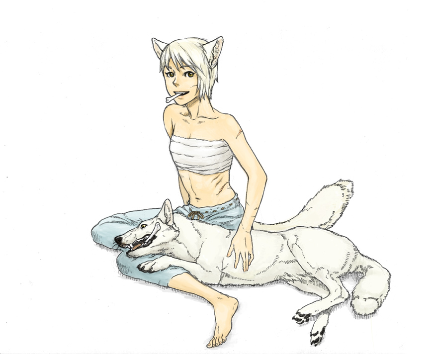 kobushi, yodoro kagyu, inubashiri momiji, touhou, bad id, bad pixiv id, 1girl, animal ears, barefoot, bone, feet, female focus, sarashi, short hair, solo, tail, white hair, wolf, wolf ears, wolf tail