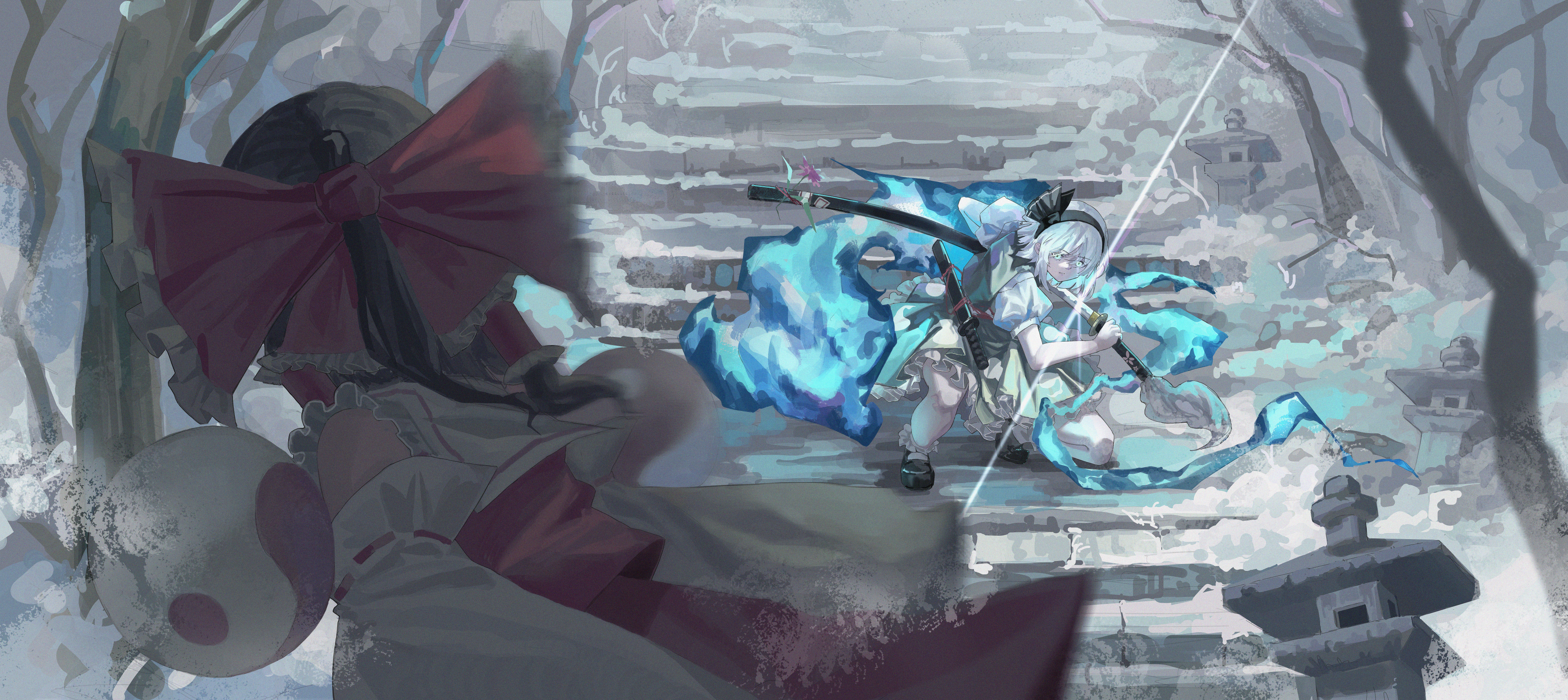 bruce 1354, hakurei reimu, konpaku youmu, touhou, absurdres, highres, 2girls, blue fire, bow, confrontation, fire, ghost, hakama, japanese clothes, katana, lantern, long hair, multiple girls, orb, red bow, short hair, snow, spirit, stairs, sword, tree, weapon, winter, yin yang, yin yang orb