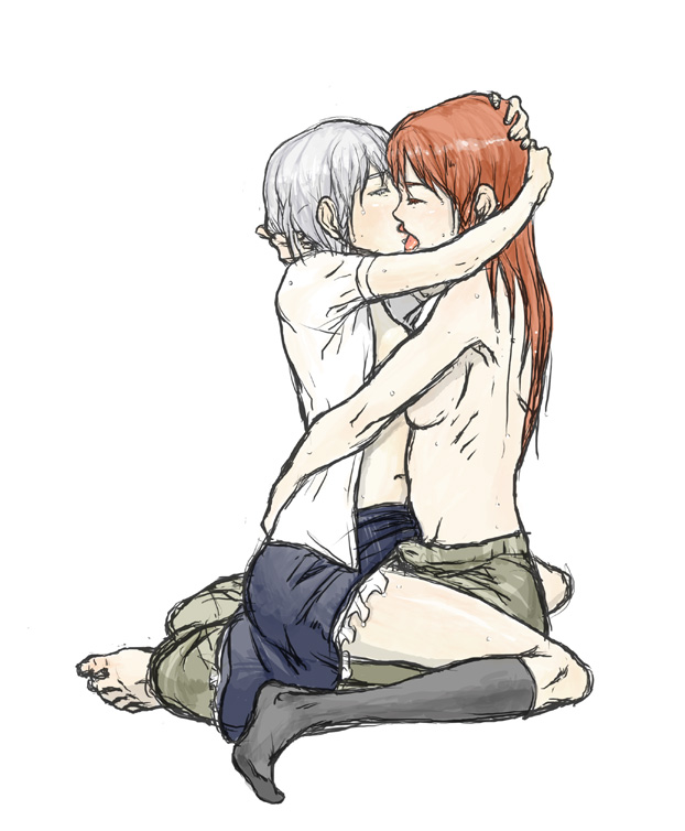 kobushi, yodoro kagyu, hong meiling, izayoi sakuya, embodiment of scarlet devil, touhou, silver hair, bad id, bad pixiv id, 2girls, barefoot, between legs, black socks, breasts, feet, female focus, hug, kiss, kneehighs, licking, long hair, medium breasts, multiple girls, open clothes, open shirt, red hair, ribs, shirt, sideboob, simple background, sketch, skirt, small breasts, socks, straddling, sweat, topless female, white background, yuri