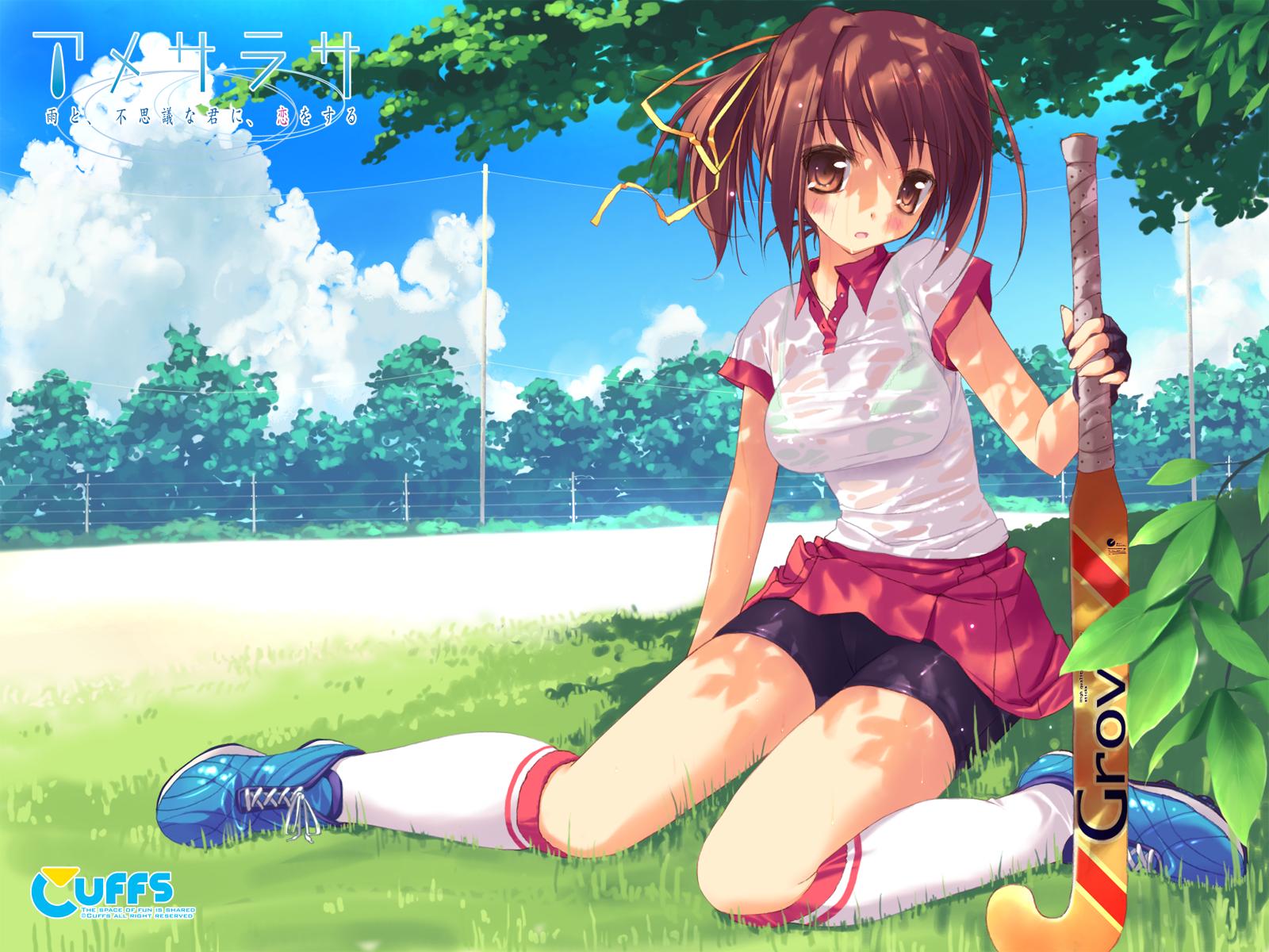 tsurusaki takahiro, kumihama mitsuha, amesarasa, highres, 1girl, bike shorts, blush, bra, brown eyes, brown hair, cloud, day, female focus, field hockey, fingerless gloves, gloves, grass, gym uniform, hockey, kneehighs, lingerie, ponytail, ribbon, see-through clothes, shoes, sitting, sneakers, socks, solo, tree shade, underwear, wet, wet clothes