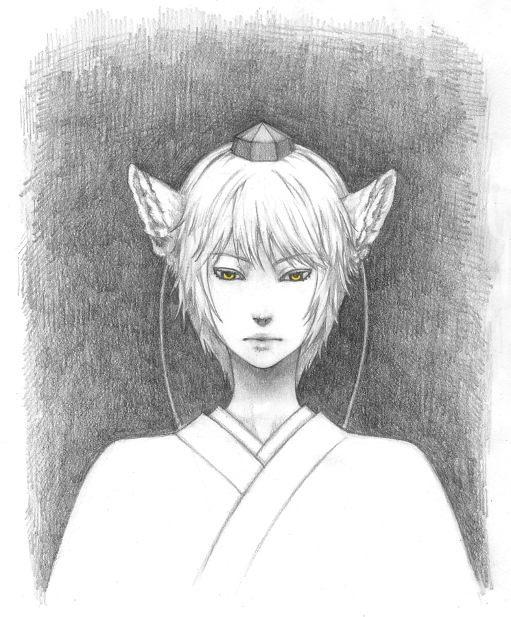 kobushi, yodoro kagyu, inubashiri momiji, touhou, bad id, bad pixiv id, traditional media, 1girl, animal ears, female focus, greyscale, monochrome, short hair, solo, spot color, wolf ears, yellow eyes