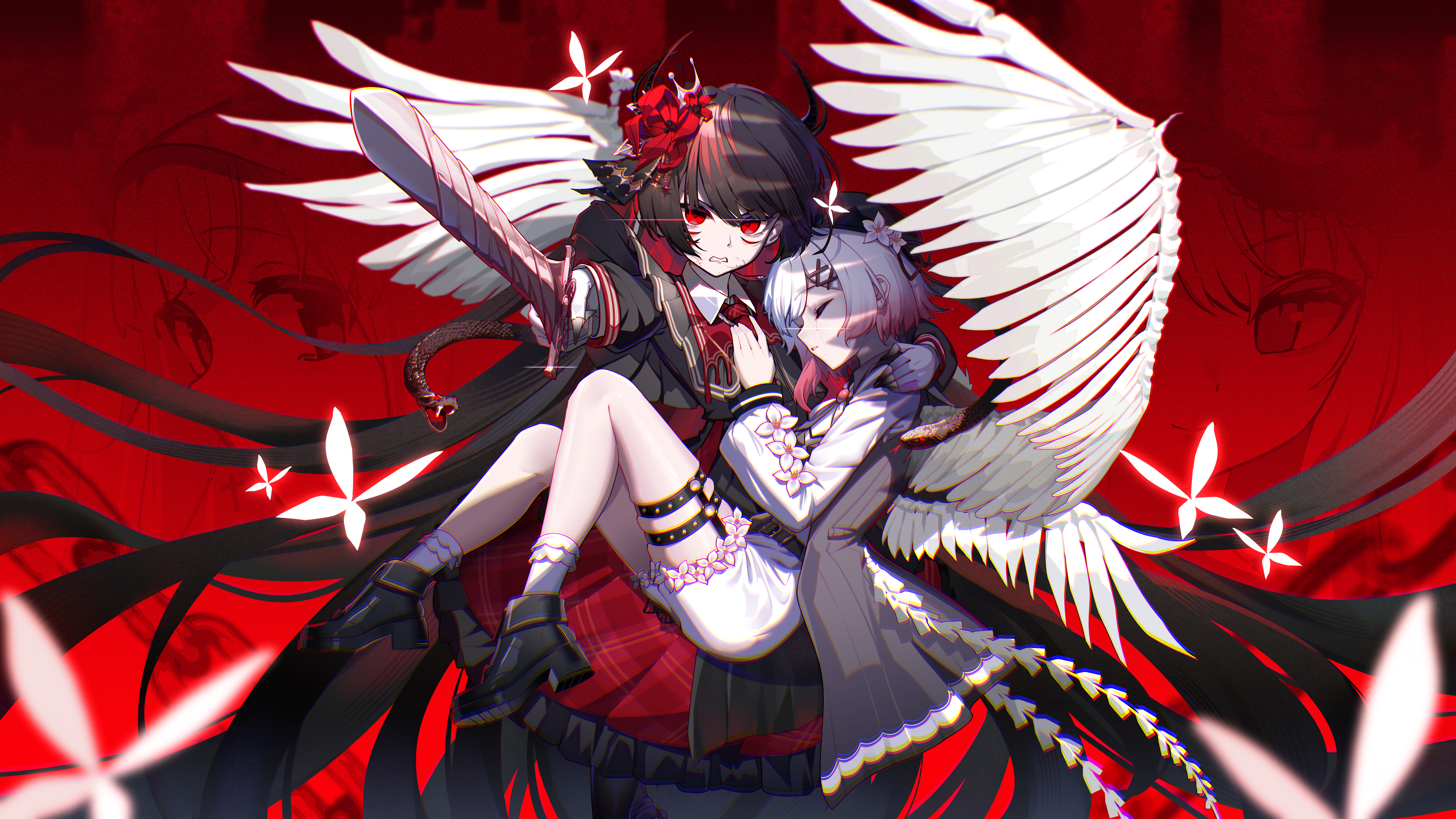 yao unripe, nikaido hiro, sakuraba ema, mahou shoujo no majo saiban, absurdres, highres, spoilers, 2girls, absurdly long hair, angry, black jacket, black shoes, bug, butterfly, closed eyes, full body, glaring, hand on another's chest, holding, holding sword, holding weapon, insect, jacket, long hair, long sleeves, multiple girls, pink hair, pointing melee weapon, pointing sword, protecting, red background, red eyes, shirt, shoes, shorts, socks, sword, upper body, very long hair, weapon, white shirt, white shorts, white socks, yuri