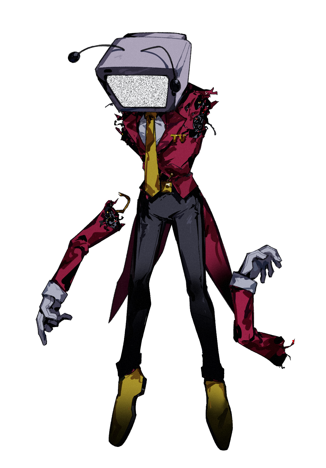 melvi0, ant tenna, deltarune, utdr (toby fox), commentary request, highres, spoilers, 1boy, amputee, android, armless amputee, belt, black belt, black pants, cable, coat, crt, double amputee, facing down, full body, gloves, legs apart, long sleeves, male focus, mechabare, necktie, object head, pants, radio antenna, red coat, shirt, shoes, simple background, solo, standing, static, white background, white gloves, white shirt, yellow necktie, yellow shoes