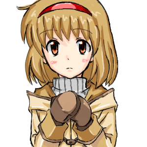 tsukimiya ayu, kanon, lowres, non-web source, brown hair, coat, hairband, mittens, oekaki, red eyes, simple background, solo, white background, wings