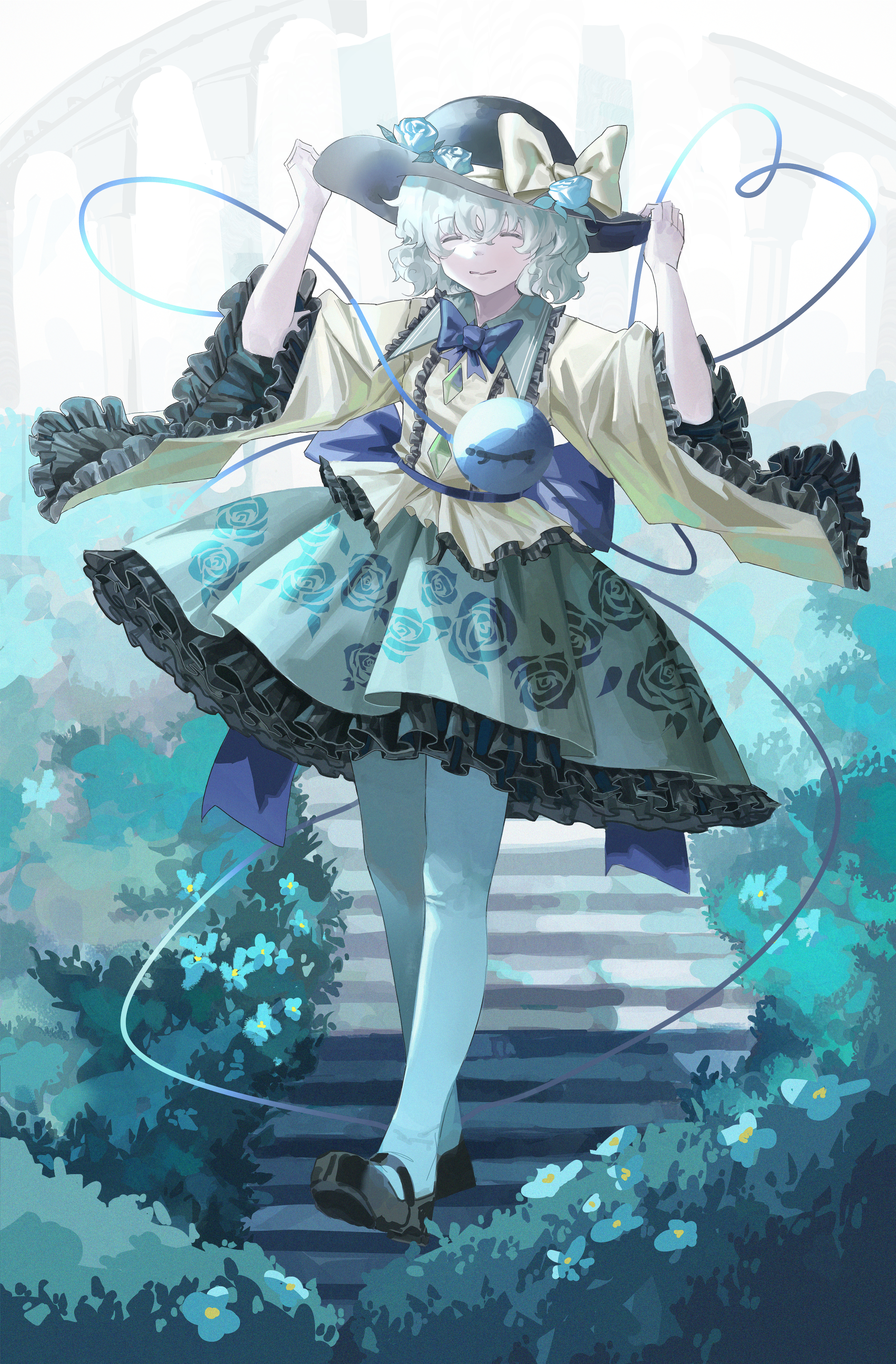 bruce 1354, komeiji koishi, touhou, absurdres, highres, 1girl, blue eyes, bow, dress, flower, frills, green hair, hat, long sleeves, plant, shoes, smile, solo, vines