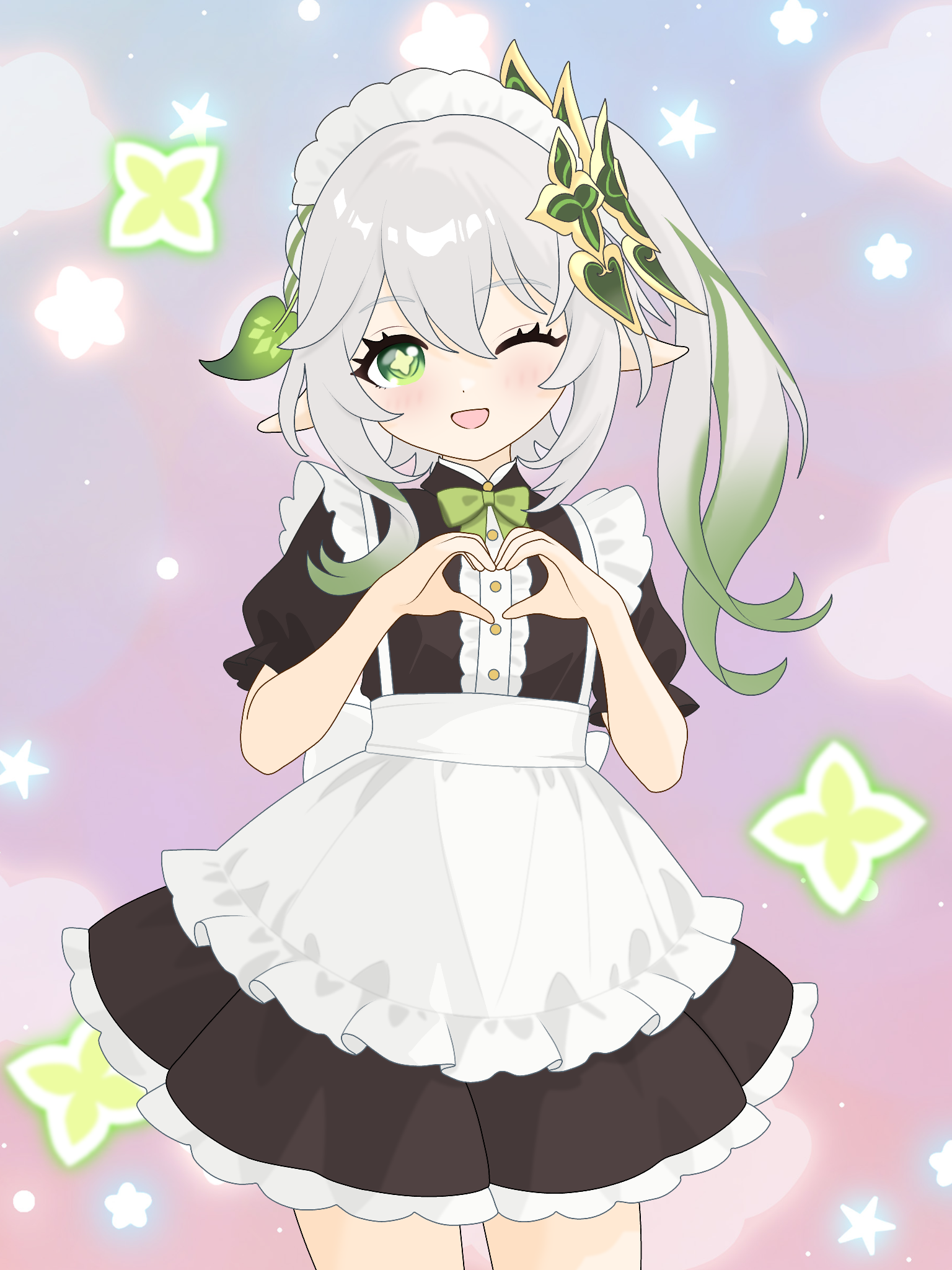 nahida (genshin impact), genshin impact, commentary request, highres, 1girl, ;d, alternate costume, apron, black dress, blush, bow, bowtie, dress, enmaided, frilled apron, frilled hairband, frills, gradient hair, green bow, green bowtie, green eyes, green hair, hair between eyes, hair ornament, hairband, hands up, heart, heart hands, leaf hair ornament, long hair, looking at viewer, maid, maid headdress, multicolored hair, nana5863390, one eye closed, open mouth, pointy ears, short sleeves, side ponytail, smile, solo, star-shaped pupils, star (symbol), symbol-shaped pupils, waist apron, white apron, white hair, white hairband