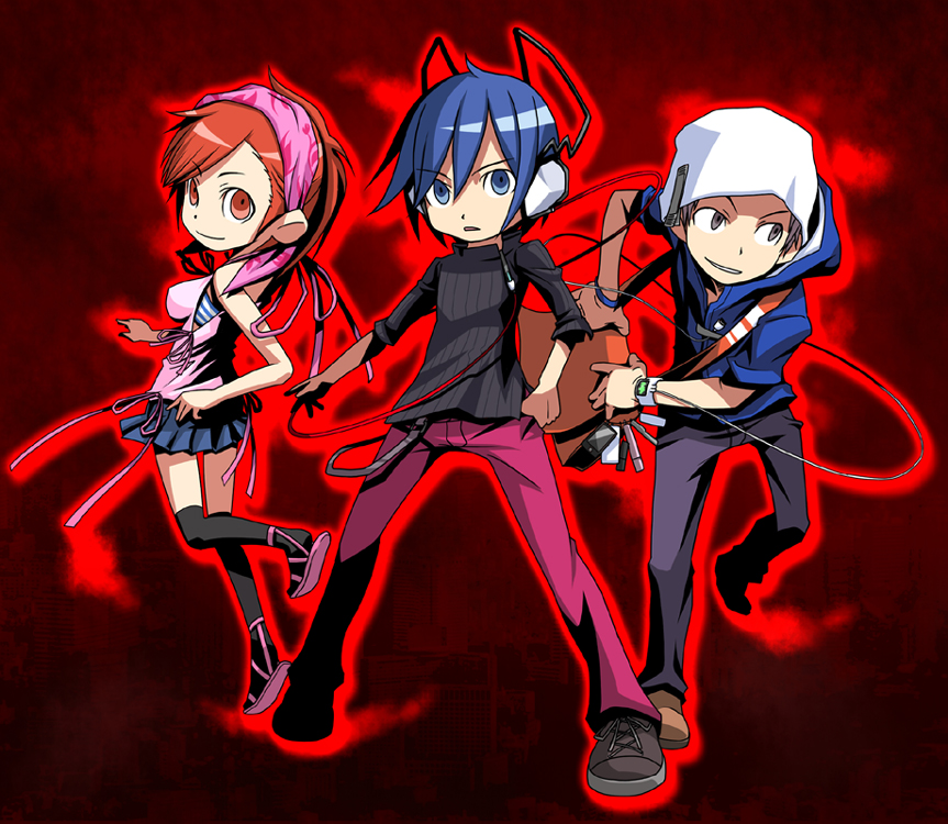 c (neta), magukappu, kihara atsurou, protagonist (devil survivor), tanigawa yuzu, atlus, devil survivor (series), devil survivor 1, etrian odyssey, 1girl, 2boys, bag, bandana, beanie, blue eyes, blue hair, brown eyes, digital media player, glowing, hat, headphones, hood, hoodie, messenger bag, multiple boys, orange eyes, orange hair, pants, parody, sandals, shoes, short hair, shoulder bag, skirt, sneakers, thighhighs