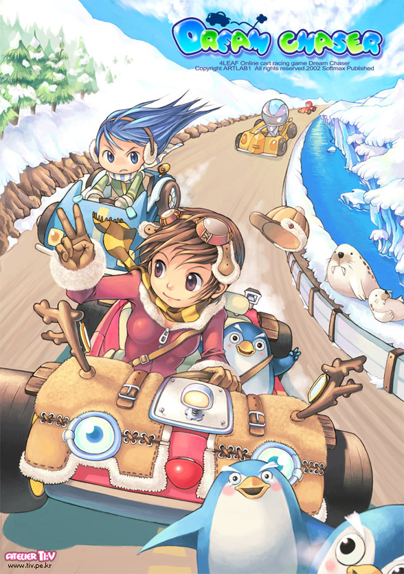 tiv, softmax, archived source, character request, commentary request, korean commentary, official art, photoshop (medium), 4leaf, antlers, aqua fur, artist name, belt, belt buckle, bird, black eyes, blue eyes, blue hair, blue sky, blush stickers, breasts, breath, brown belt, brown eyes, brown gloves, brown hair, brown scarf, buckle, day, dirt road, dream chaser, driving, earmuffs, emperor penguin, fleeing, frown, fur-trimmed headwear, fur-trimmed jacket, fur sleeve cuffs, fur trim, gloves, go-kart, goggles, goggles on head, green jacket, green scarf, green sleeves, helmet, horns, jacket, long hair, medium breasts, mittens, motor vehicle, penguin, race vehicle, racing, red jacket, red sleeves, road, scarf, short hair, shoulder belt, sky, sleeve cuffs, snow, steering wheel, straight hair, striped clothes, striped scarf, tears, unworn headwear, walrus, wheel, whiskers, white fur, white mittens, white scarf, winter clothes, yellow scarf, zipper