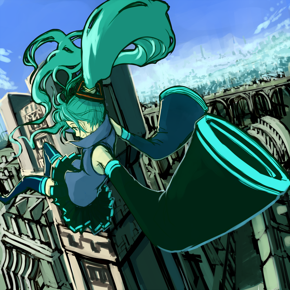 kansou samehada, hatsune miku, vocaloid, bad id, bad pixiv id, aqua hair, falling, solo, thighhighs, twintails, zettai ryouiki