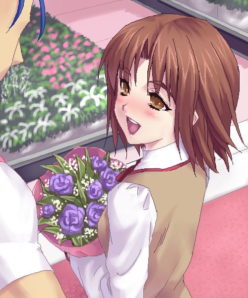 zen, cu chulainn (fate), cu chulainn (lancer) (fate), mitsuzuri ayako, fate/stay night, fate (series), 00s, blush, bouquet, brown eyes, brown hair, flower, short hair