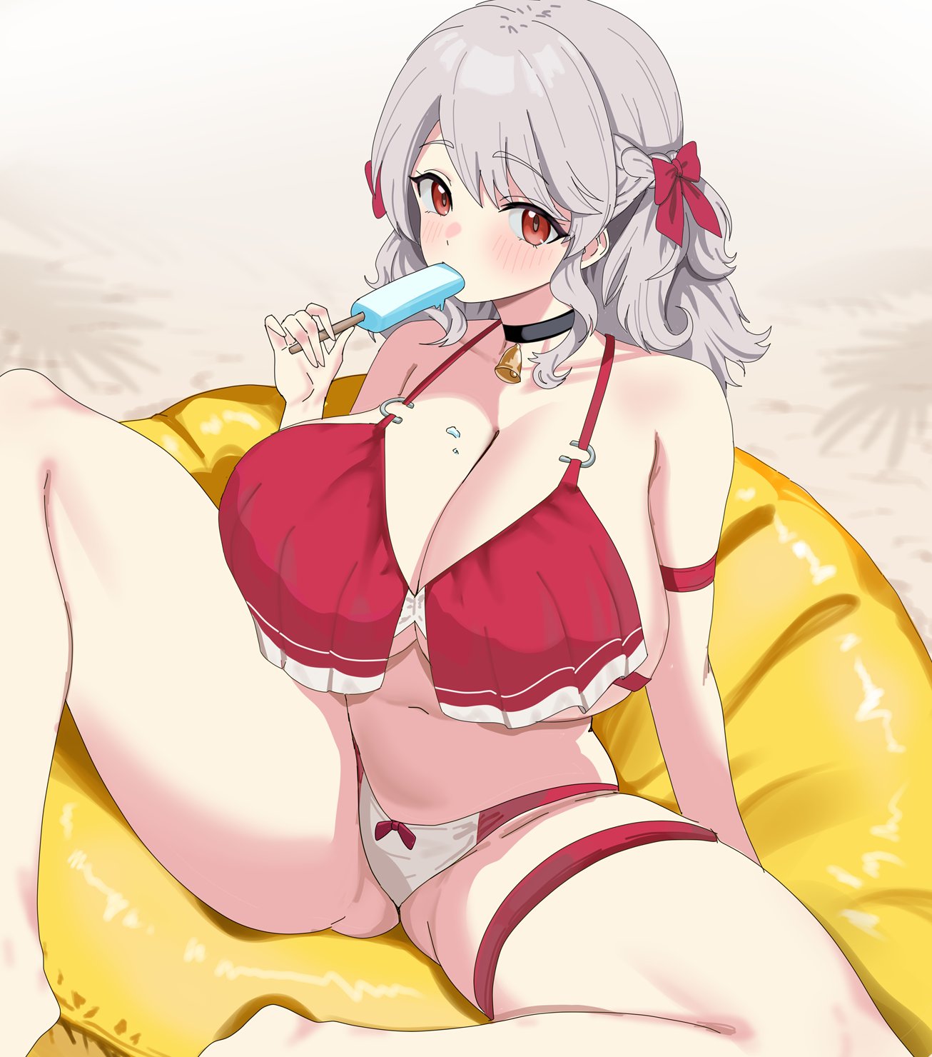 sabrina (girls' frontline 2), sabrina (strawberry zabaione) (girls' frontline 2), spas-12 (girls' frontline), girls' frontline, girls' frontline 2: exilium, highres, 1girl, bell, bikini, breasts, food, huge breasts, multicolored bikini, neck bell, official alternate costume, pen-san, popsicle, red bikini, solo, swimsuit, two-tone bikini