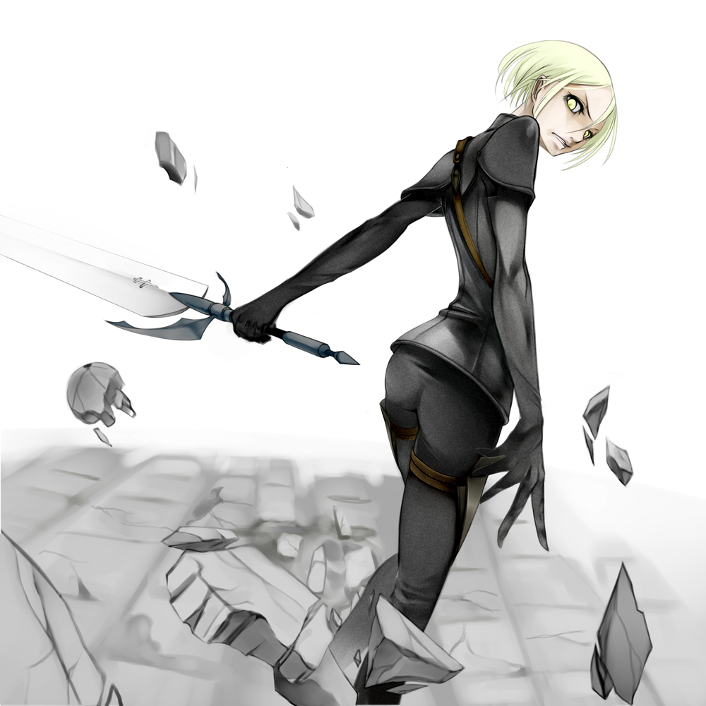 yama, helen, claymore (series), 00s, angry, blonde hair, claymore (sword), looking back, short hair, solo, sword, weapon, yellow eyes