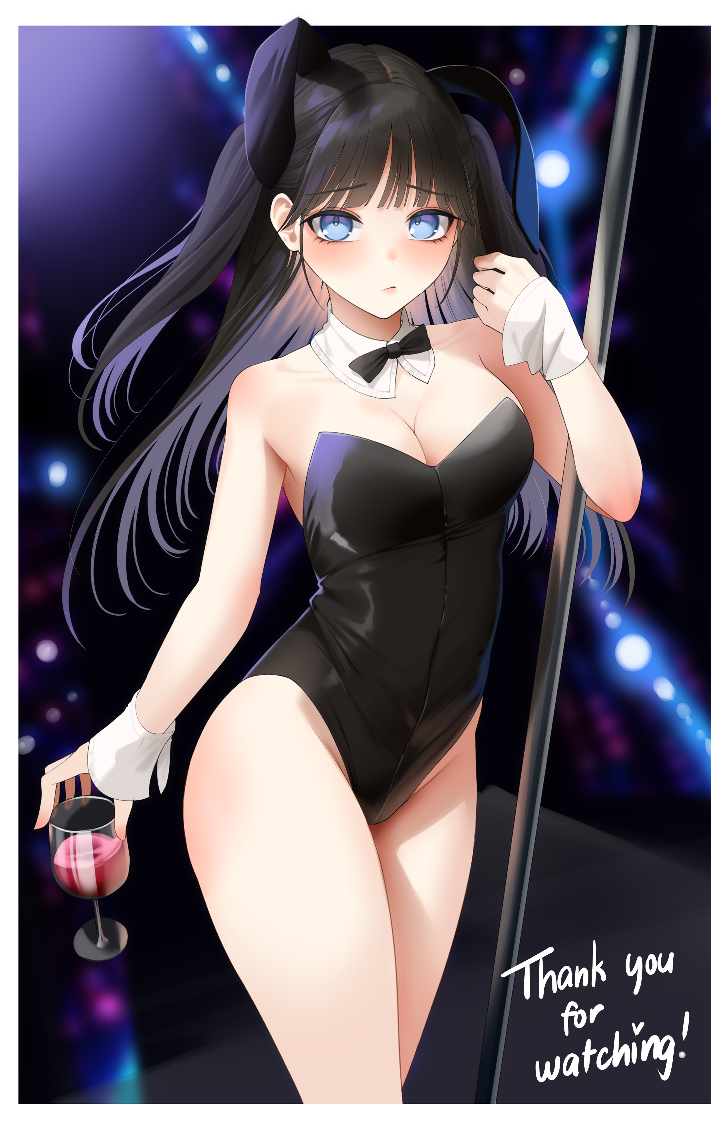 vaughnilla, original, absurdres, highres, 1girl, animal ears, black bow, black bowtie, black hair, black leotard, blue eyes, bow, bowtie, breasts, cleavage, closed mouth, collar, cup, detached collar, fake animal ears, holding, holding cup, leotard, long hair, pole, rabbit ears, solo, strapless, strapless leotard, stripper pole, thank you, two side up, white collar