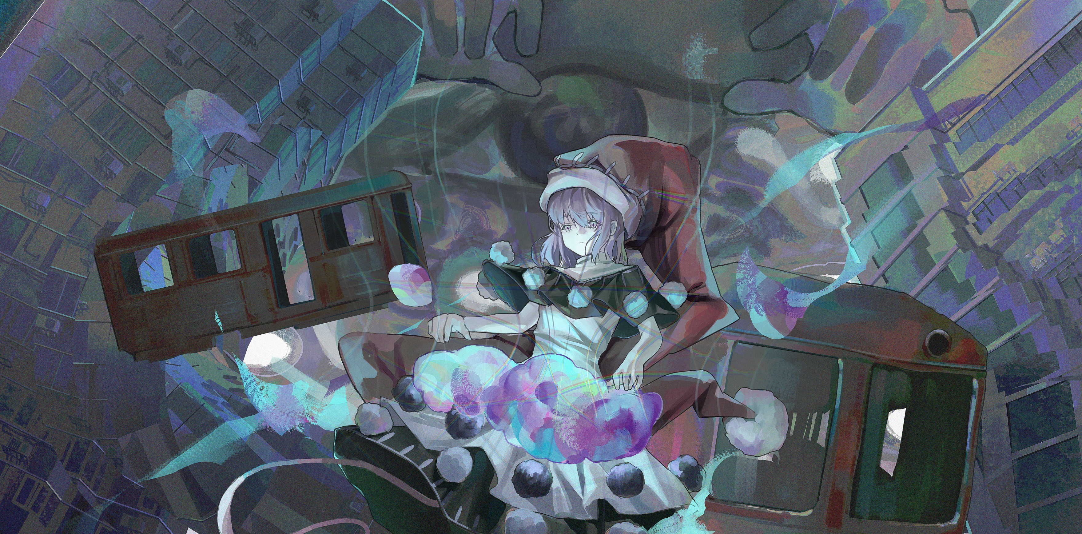 bruce 1354, doremy sweet, touhou, absurdres, highres, 1girl, bubble skirt, building, city, dreaming, floating, hat, night, puffy sleeves, purple hair, red eyes, skirt, solo, surreal, train