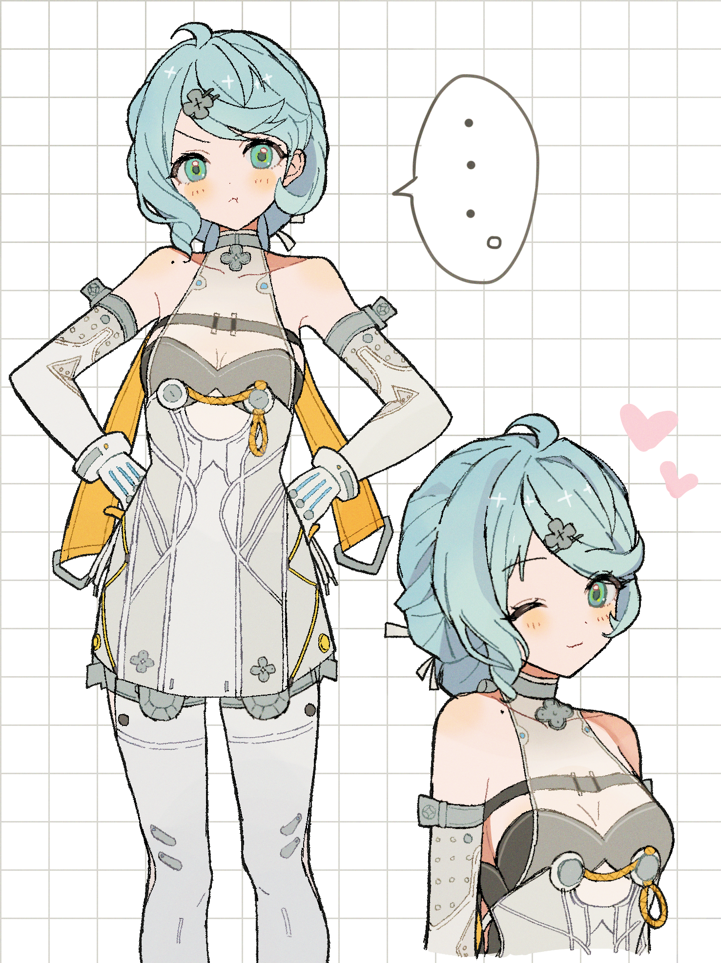 anaketsu, seed (zenless zone zero), zenless zone zero, commentary request, highres, …, 1girl, :t, aqua eyes, blue hair, blush, breasts, collarbone, detached sleeves, dress, flower hairpin, gloves, grid background, hair ornament, hairpin, hands on own hips, heart, looking at viewer, mole, mole on shoulder, multiple views, one eye closed, see-through dress layer, simple background, small breasts, spoken ellipsis