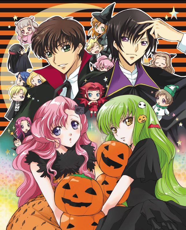 akina tsukako, anya alstreim, c.c., cornelia li britannia, euphemia li britannia, gilbert g.p. guilford, gino weinberg, kouzuki kallen, kururugi suzaku, lelouch vi britannia, li xingke, milly ashford, nunnally vi britannia, rivalz cardemonde, rolo lamperouge, schneizel el britannia, shirley fenette, tianzi, code geass, 00s, 6+boys, 6+girls, bat wings, blonde hair, blue hair, brown hair, cape, chibi, clown, dress, everyone, fairy, fang, green eyes, green hair, halloween, hat, jack-o'-lantern, long hair, multiple boys, multiple girls, pink hair, ponytail, pumpkin, purple eyes, purple hair, red hair, short hair, vampire, wand, white hair, wings, witch hat, yellow eyes
