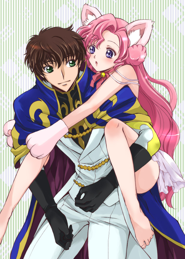 akina tsukako, euphemia li britannia, kururugi suzaku, code geass, 00s, 1boy, 1girl, animal ears, animal hands, bad anatomy, bad feet, barefoot, brown hair, cape, carrying, cat ears, cat paws, donut hair bun, feet, gloves, green eyes, hair bun, hetero, holding, hug, legs, long hair, piggyback, pink hair, poorly drawn, purple eyes, short hair, smile