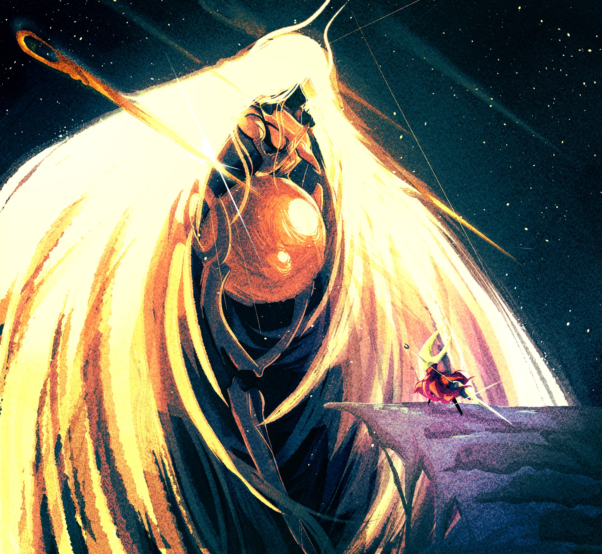 theweevilguy, hornet (hollow knight), hollow knight, hollow knight: silksong, highres, 2girls, absurdly long hair, arthropod girl, black skin, boss fight, cloak, colored skin, facing another, floating hair, from behind, full body, giant, giantess, grand mother silk (hollow knight), holding, holding needle, holding weapon, horned mask, long hair, looking at another, mask, multiple girls, needle, needle (hollow knight), no mouth, own hands together, pin (hollow knight), red cloak, standing, very long hair, weapon, white hair, white mask