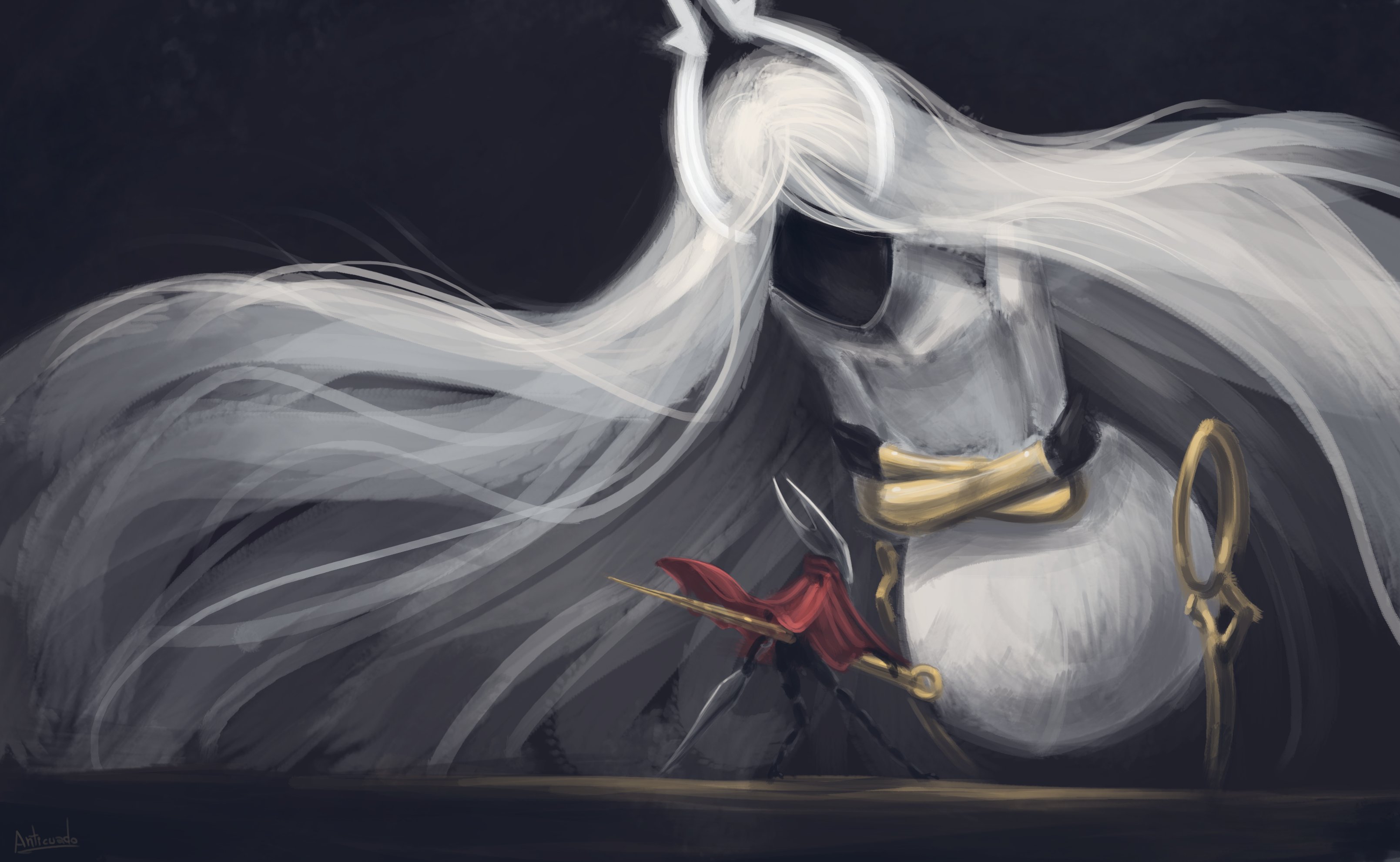 anticuadoknight, hornet (hollow knight), hollow knight, hollow knight: silksong, absurdres, highres, 2girls, absurdly long hair, arthropod girl, black skin, boss fight, cloak, colored skin, facing another, floating hair, from behind, full body, giant, giantess, grand mother silk (hollow knight), holding, holding needle, holding weapon, horned mask, long hair, looking at another, mask, multiple girls, needle, needle (hollow knight), no mouth, own hands together, pin (hollow knight), red cloak, standing, very long hair, weapon, white hair, white mask