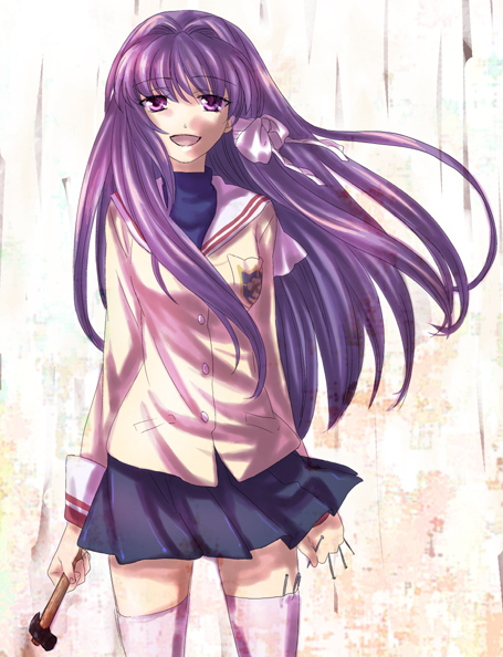 ikuhashi muiko, fujibayashi kyou, clannad, bad id, bad pixiv id, 00s, hair ribbon, hammer, long hair, nail (hardware), open mouth, purple eyes, purple hair, ribbon, school uniform, solo, thighhighs, yandere