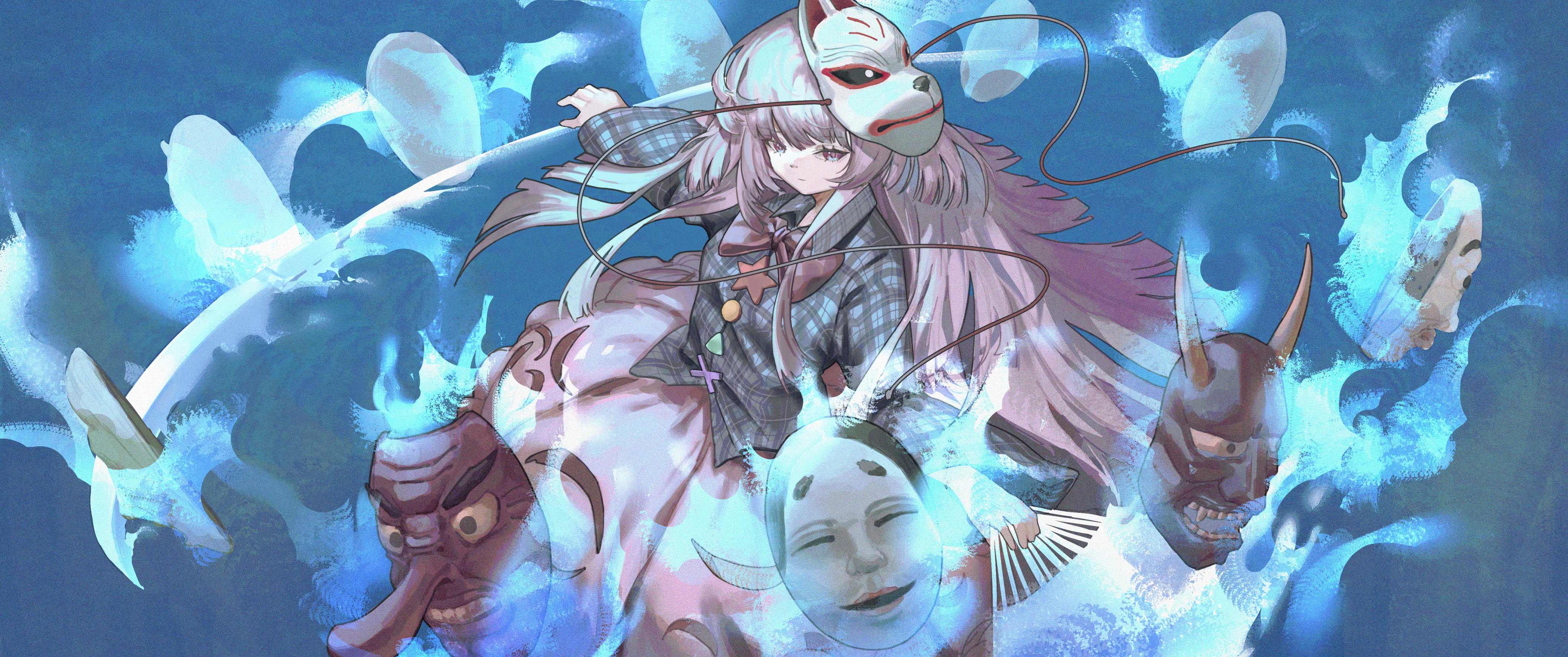 bruce 1354, hata no kokoro, touhou, absurdres, highres, 1girl, fox mask, glowing, long hair, mask, oni mask, pink hair, plaid clothes, plaid shirt, shirt, solo, spirit, sword, weapon