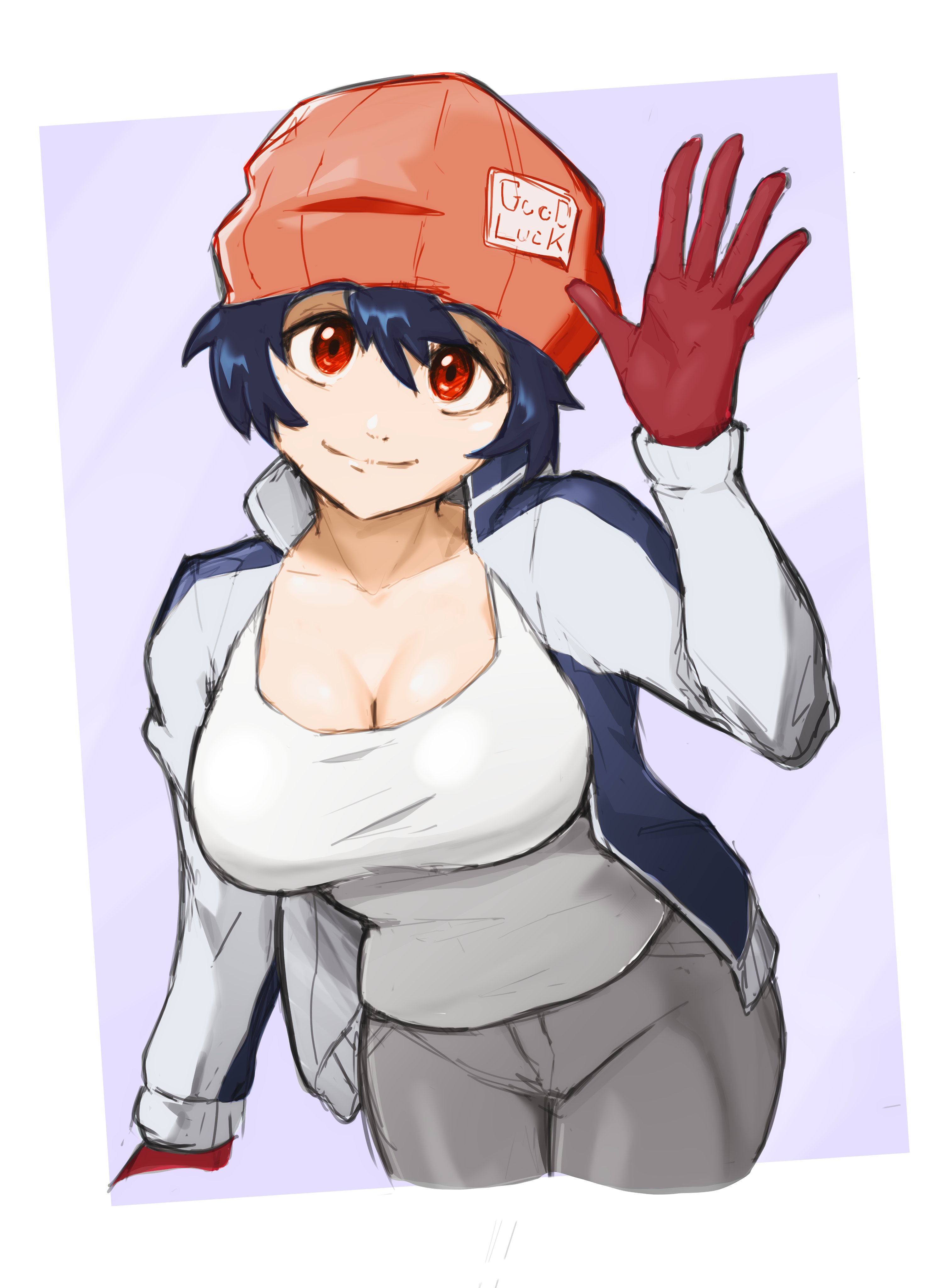 yodokogon, izumo fuuko, undead unluck, absurdres, commentary, highres, 1girl, beanie, blue hair, breasts, cleavage, closed mouth, cropped legs, eyelashes, gloves, grey pants, hat, jacket, open clothes, open jacket, orange hat, pants, red eyes, red gloves, shirt, short hair, smile, solo, waving, white jacket, white shirt