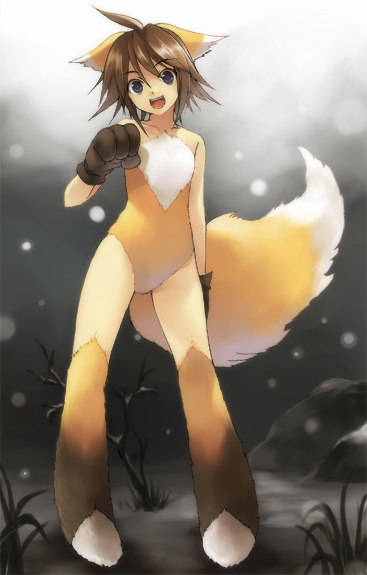 ryou (kimagure), fur, ahoge, animal ears, animal hands, brown hair, flat chest, fox, gloves, grey eyes, happy, short hair, solo, tail