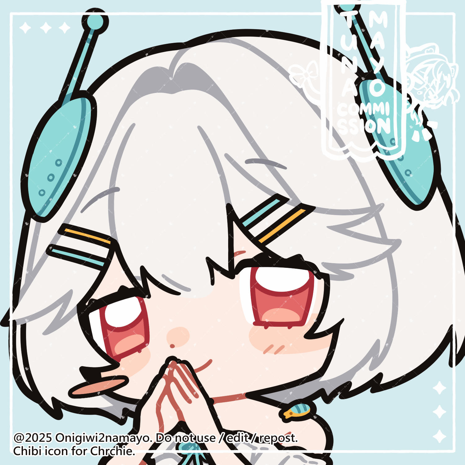 ellie minibot, indie virtual youtuber, commentary, commission, highres, vgen commission, 1girl, aqua background, aqua ribbon, artist name, blush, blush stickers, bug, chibi, chibi only, closed mouth, codebug (ellie minibot), dated, english text, eyelashes, flat color, hair ornament, hairclip, neck ribbon, onigiwi2namayo, own hands together, portrait, red eyes, ribbon, short hair, smile, virtual youtuber, white hair