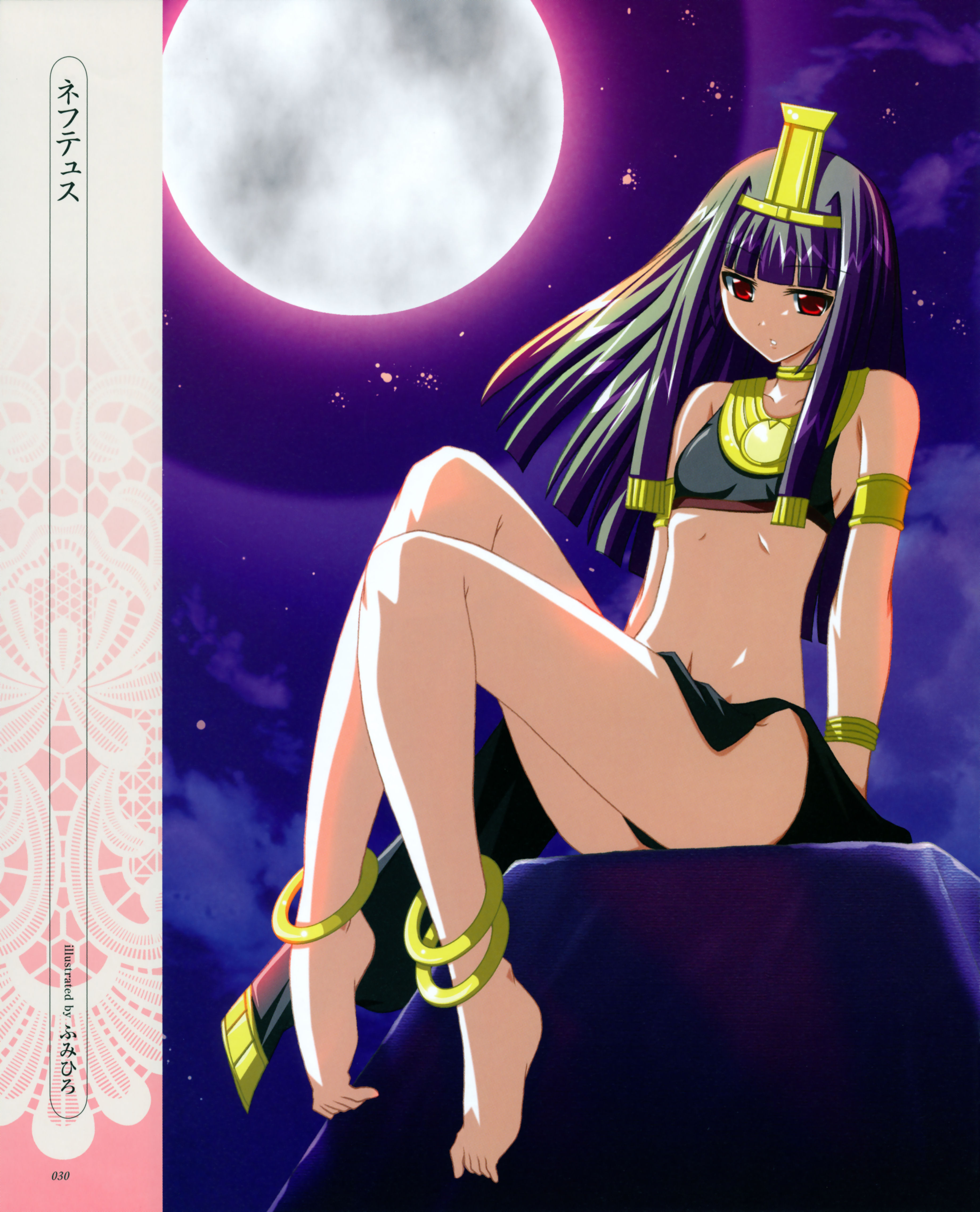 fumihiro, absurdres, highres, scan, 1girl, ancient egypt, ancient egyptian, anklet, armlet, barefoot, bracelet, collar, feet, female focus, hime cut, jewelry, long hair, moon, purple hair, red eyes, solo, toes