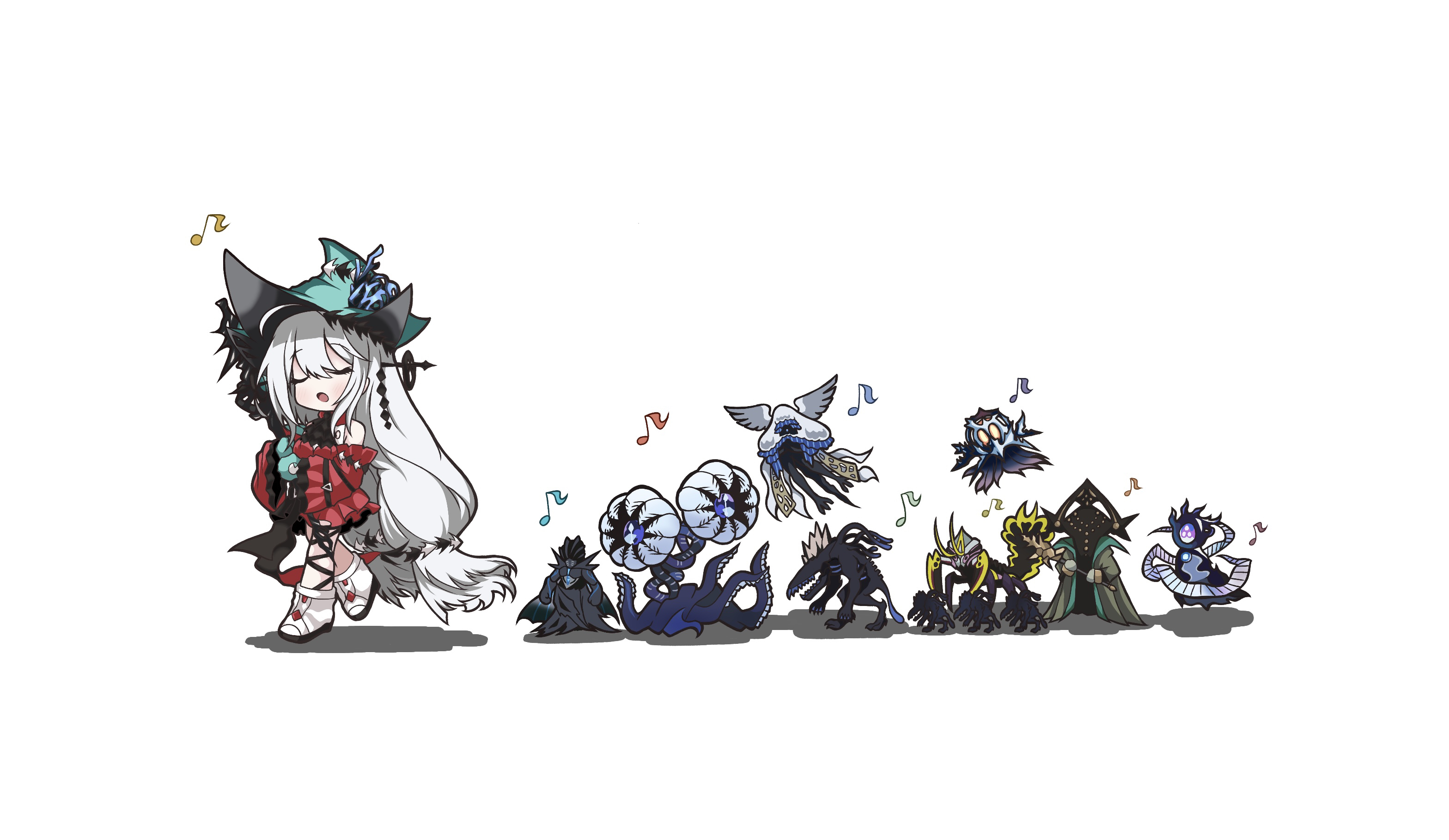 haruuuu1185 (kubaharu), seaborn (arknights), skadi (arknights), skadi the corrupting heart (arknights), the endspeaker (arknights), arknights, commentary request, highres, 1girl, aqua gloves, aqua hat, bare shoulders, dress, gloves, grey hair, hair between eyes, hat, long hair, long sleeves, martus (arknights), music, musical note, official alternate costume, paranoia illusion (arknights), pathshaper (arknights), quintus (arknights), red dress, shoes, simple background, singing, the first to talk (arknights), tidelinked archon (arknights), tidelinked bishop (arknights), white background, white shoes
