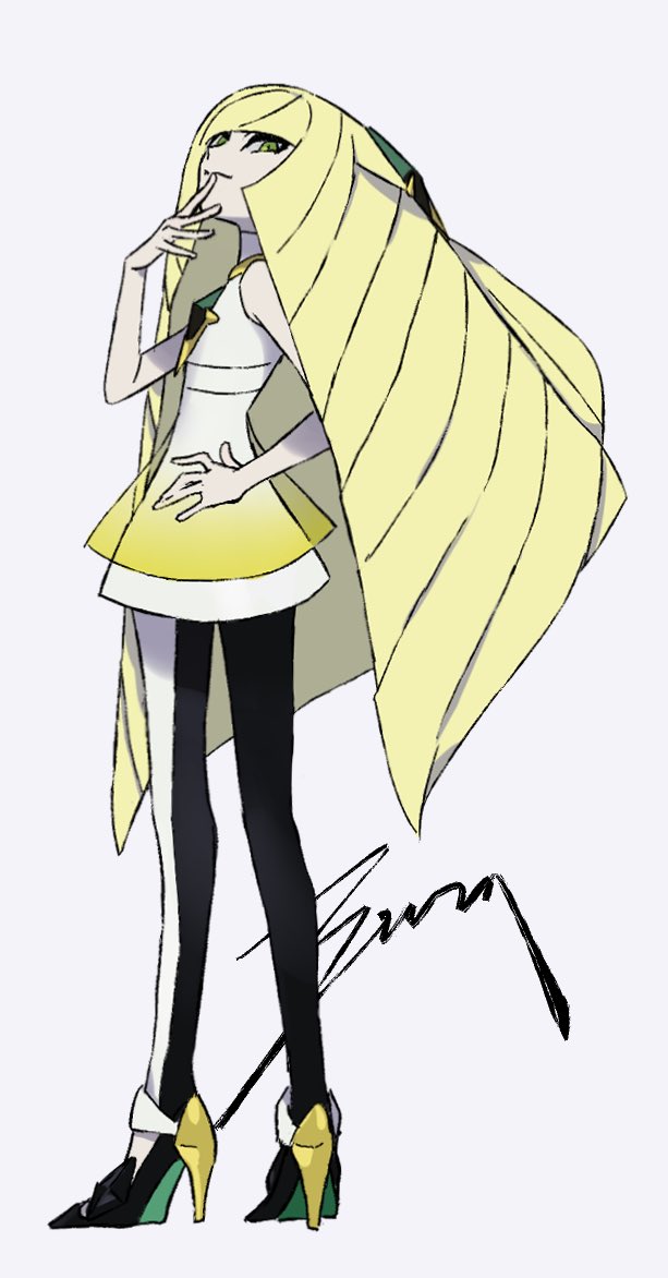 lusamine (pokemon), nintendo, pokemon, pokemon sm, 1girl, blonde hair, closed mouth, dress, full body, green eyes, hand on own hip, high heels, long hair, looking at viewer, signature, sleeveless, sleeveless dress, solo, standing, u3su2, very long hair, white background, white dress
