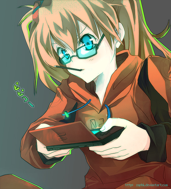 zaphk (artist), souryuu asuka langley, neon genesis evangelion, 1girl, blue eyes, female focus, food, glasses, handheld game console, hood, hoodie, mouth hold, nintendo ds, playing games, pocky, product placement, red hair, solo, stylus, video game