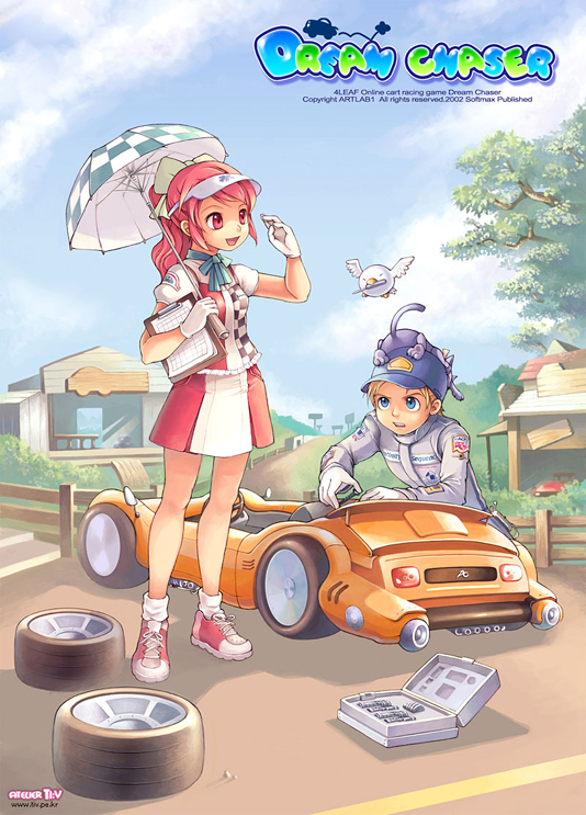 tiv, softmax, archived source, character request, commentary, english commentary, official art, photoshop (medium), 4leaf, animal, animal on head, ankle socks, aqua ribbon, aqua umbrella, artist name, black fur, black tail, black tank top, blonde hair, blue eyes, blue hat, blue sky, bow, breasts, brushing, building, cat, cat on head, checkered print, clipboard, company name, copyright name, copyright notice, cross-laced shoes, dated, dated commentary, dirt road, dream chaser, flying, frilled tank top, garage, gloves, green eyes, grey jacket, grey sleeves, hair bow, hat, holding, holding brush, holding umbrella, jacket, laces, legs apart, logo, long hair, long sleeves, looking at another, medium breasts, motor vehicle, mouth hold, multicolored tank top, neck ribbon, on head, open mouth, outdoors, pink eyes, pink hair, pleated skirt, ponytail, print sleeves, print tank top, puffy short sleeves, puffy sleeves, race vehicle, red shoes, red skirt, red tank top, ribbon, road, shirt, shoes, short hair, short sleeves, skirt, sky, sneakers, socks, stairs, standing, steering wheel, tank top, teeth, tool kit, tree, umbrella, visor cap, watermark, web address, wheel, white fur, white gloves, white shirt, white skirt, white sleeves, white socks, white tank top, white umbrella, white wings, wings