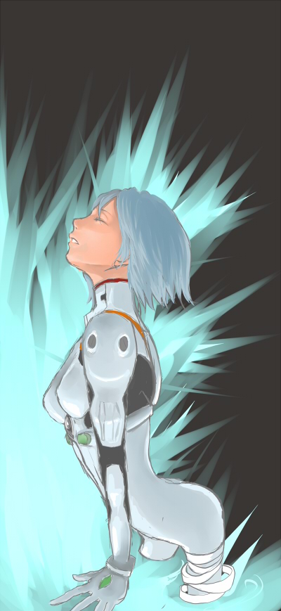 ayanami rei, neon genesis evangelion, long image, non-web source, tall image, bandages, blue hair, closed eyes, mecha pilot suit, plugsuit (evangelion), short hair, solo, wading
