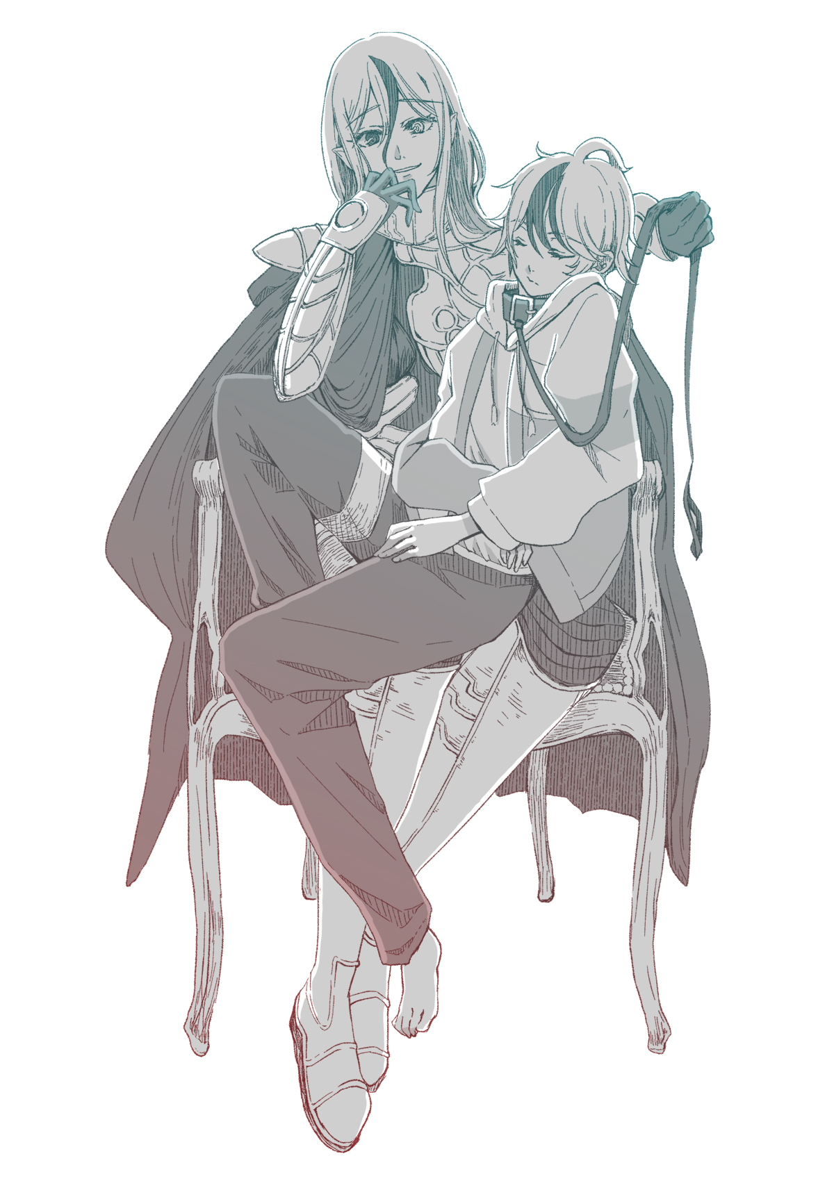 sumino takumi, v'ehxness, the hundred line -last defense academy-, highres, 1boy, 1girl, ahoge, animal collar, armor, assertive female, cape, chair, collar, gorget, hetero, heterochromia, holding, holding leash, leash, long hair, monochrome, multicolored hair, short hair, shoulder armor, sitting, sitting on lap, sitting on person, sleeping, streaked hair, user ztjd7782