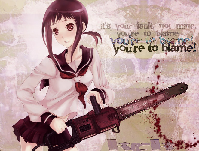 furayu (flayu), numeri (pixiv), kaga ai, sayonara zetsubou sensei, 00s, 1girl, blood, brown eyes, brown hair, chainsaw, female focus, mole, mole under eye, ponytail, school uniform, serafuku, skirt, smile, solo, yandere