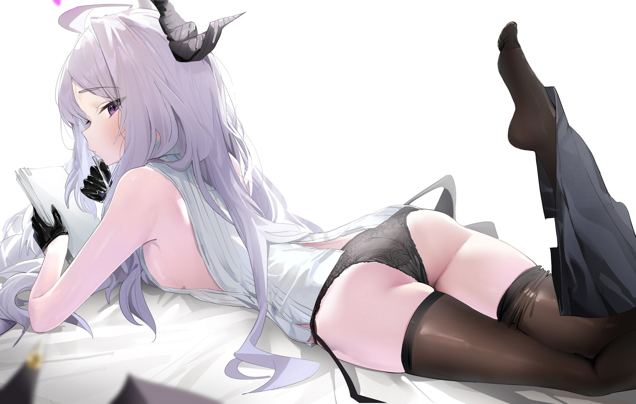 inu lin, hina (blue archive), blue archive, highres, 1girl, ahoge, ass, black gloves, black panties, breasts, demon girl, demon horns, demon wings, gloves, half gloves, halo, horns, long hair, looking at viewer, low wings, panties, purple eyes, small breasts, solo, underwear, very long hair, white hair, wings