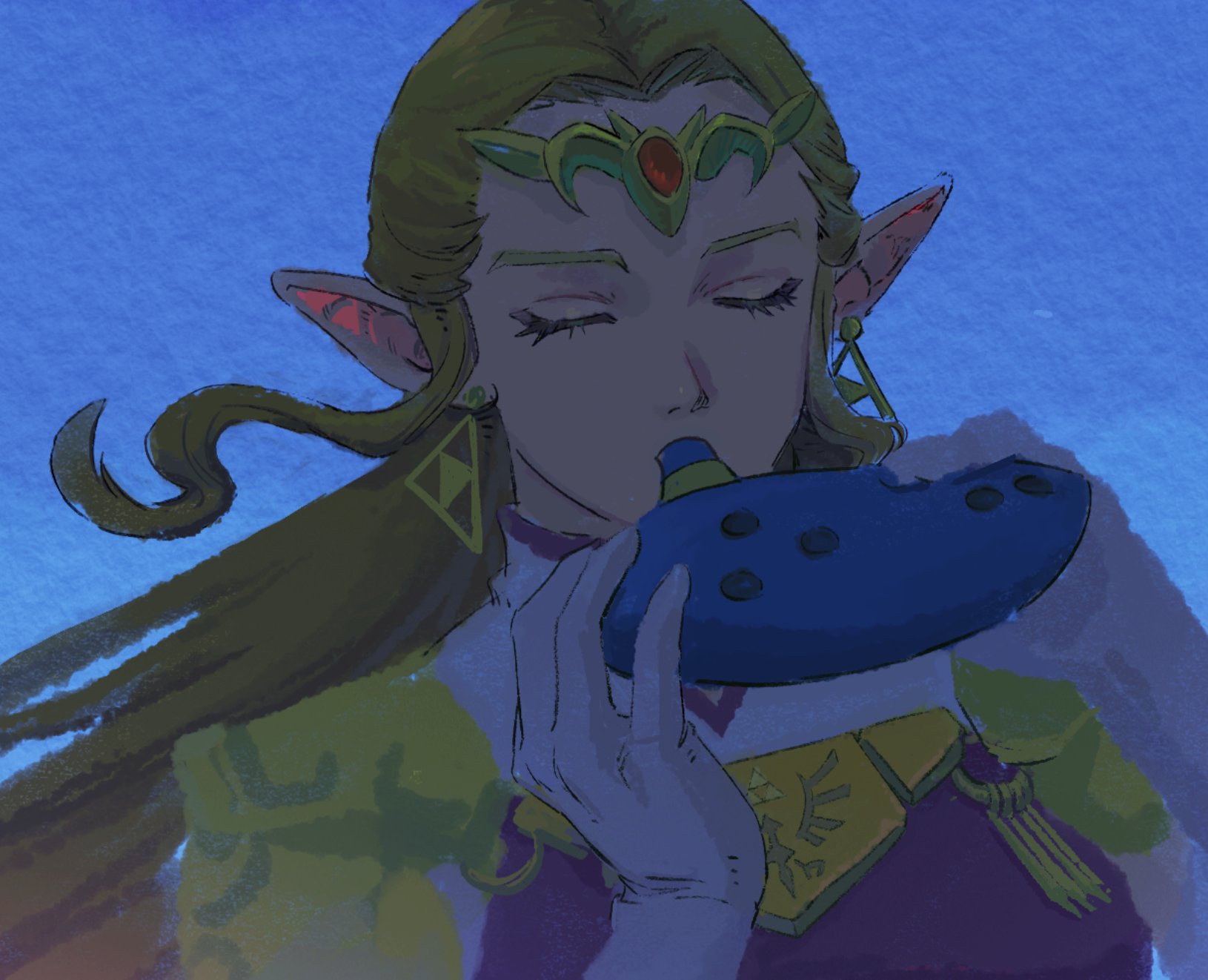 princess zelda, nintendo, the legend of zelda, the legend of zelda: ocarina of time, highres, 1girl, blonde hair, blue background, closed eyes, earrings, floating hair, instrument, jewelry, long hair, lylc7zm8ca9ee8x, music, ocarina, playing instrument, pointy ears, portrait, sidelocks, solo, triforce