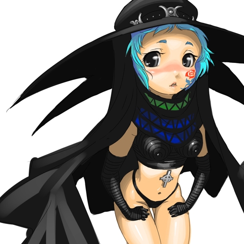 scathach (megami tensei), yamagishi fuuka, atlus, persona, persona 3, lowres, 1girl, black panties, blue hair, blush, cape, cosplay, cross, female focus, gloves, grey eyes, hat, midriff, navel, panties, scathach (cosplay), solo, underwear, witch