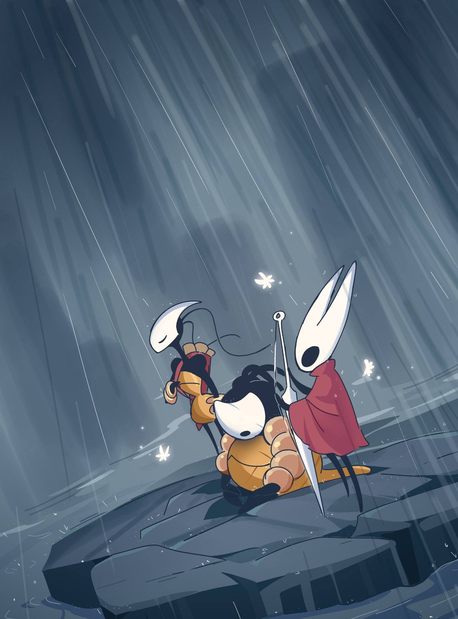 hornet (hollow knight), shakra (hollow knight), hollow knight, hollow knight: silksong, highres, spoilers, 3girls, armlet, bag, chakram, cloak, corpse, instrument, jewelry, map, mask, multiple girls, music, necklace, playing instrument, rain, red cloak, scroll, shoulder bag, starowarblern, violin, water, weapon