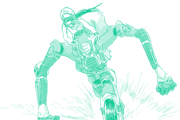 fuego, ogata rin, rideback, 00s, 1girl, externally piloted mecha, full body, goggles, green theme, machinery, mecha, monochrome, motion lines, non-humanoid robot, riding, robot, simple background, speed lines, white background