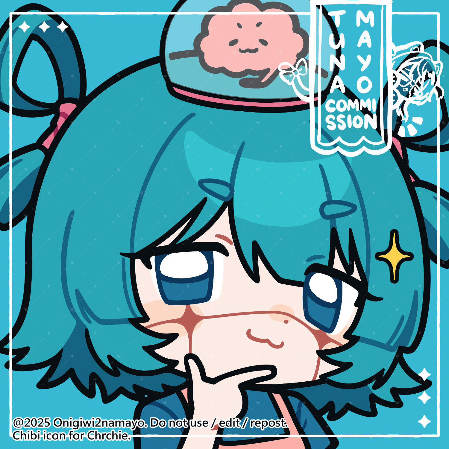 indie virtual youtuber, commentary, commission, highres, vgen commission, 1girl, :3, aqua background, aqua eyes, aqua hair, artist name, brain, chibi, chibi only, closed mouth, dated, english text, exposed brain, flat color, hair rings, hand on own chin, onigiwi2namayo, portrait, shoomimi, smile, virtual youtuber