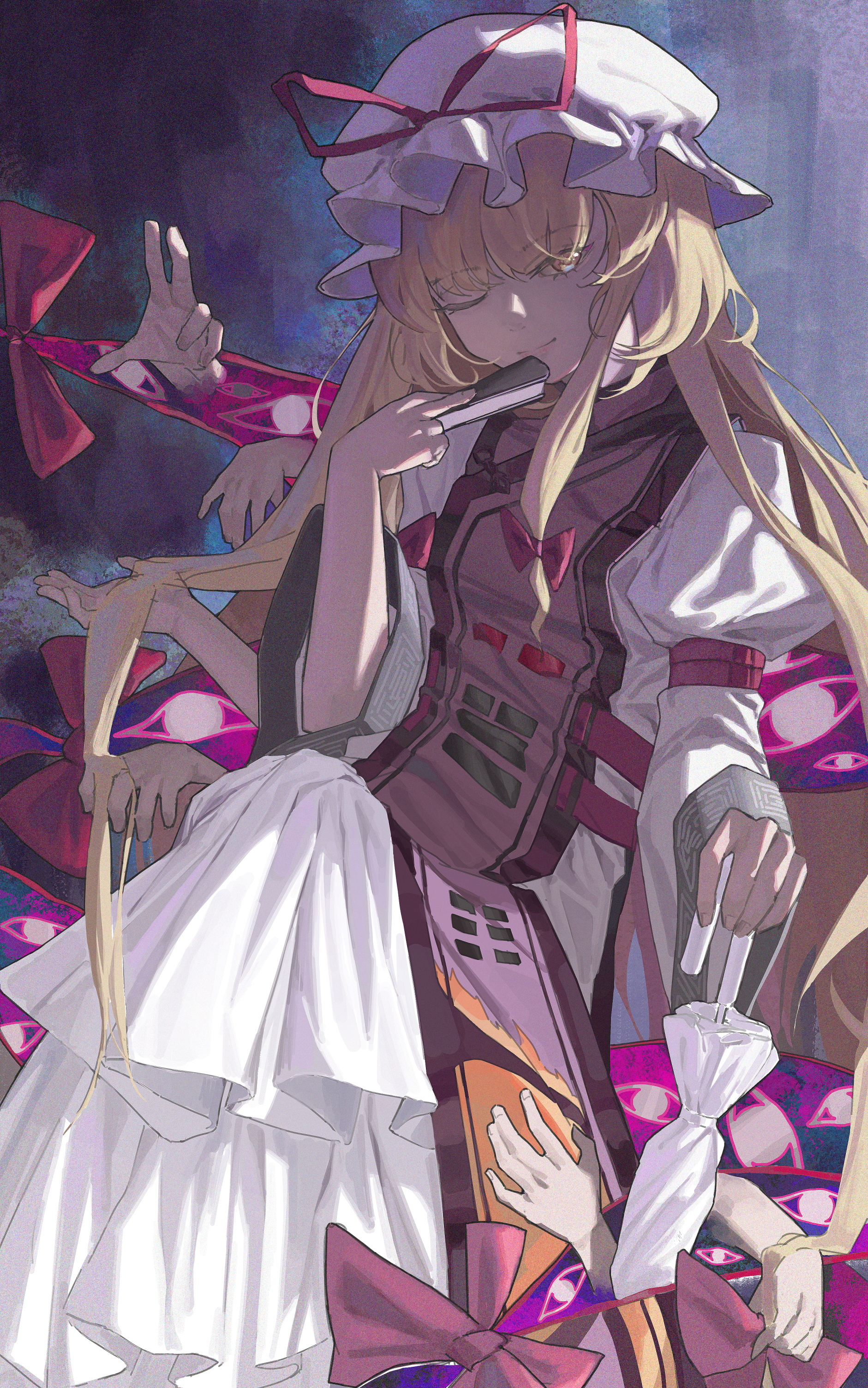 bruce 1354, yakumo yukari, touhou, absurdres, highres, 1girl, blonde hair, dress, extra arms, frilled skirt, frills, gap (touhou), hat, long hair, mob cap, ribbon, skirt, solo, yellow eyes